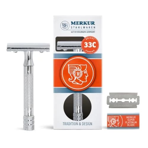 MERKUR 33C Double Edge Safety Razor, 3-Piece Design, Closed Comb, Short Handle, Bright Chrome Finish | Precision Wet Shaving thumbnail 1