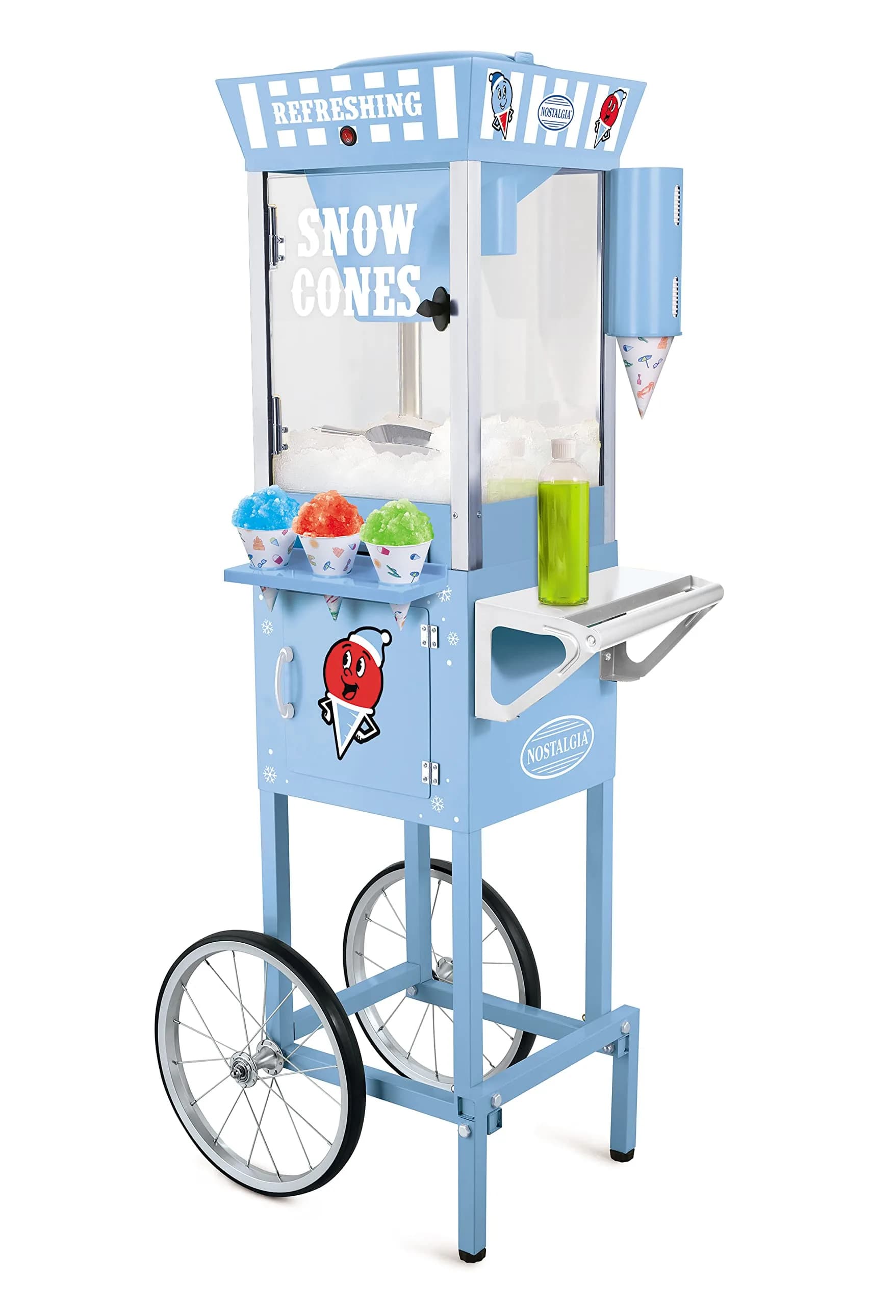 Nostalgia Snow Cone Shaved Ice Machine - 54" Tall Blue Cart, Makes 72 Icy Treats, Includes Scoop & Syrups