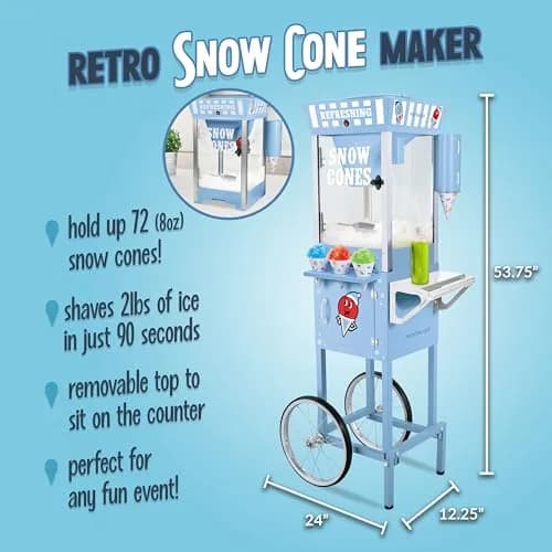 Nostalgia Snow Cone Shaved Ice Machine - 54" Tall Blue Cart, Makes 72 Icy Treats, Includes Scoop & Syrups thumbnail 2