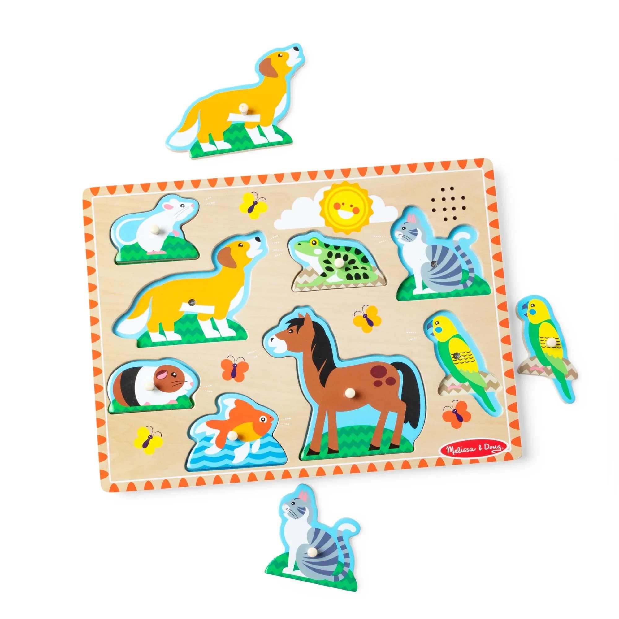 Melissa & Doug Farm Animals Sound Puzzle – 8-Piece Wooden Peg Puzzle with Light-Activated Sounds, Music Learning Toy for Toddlers and Preschoolers Ages 2+ — Pets