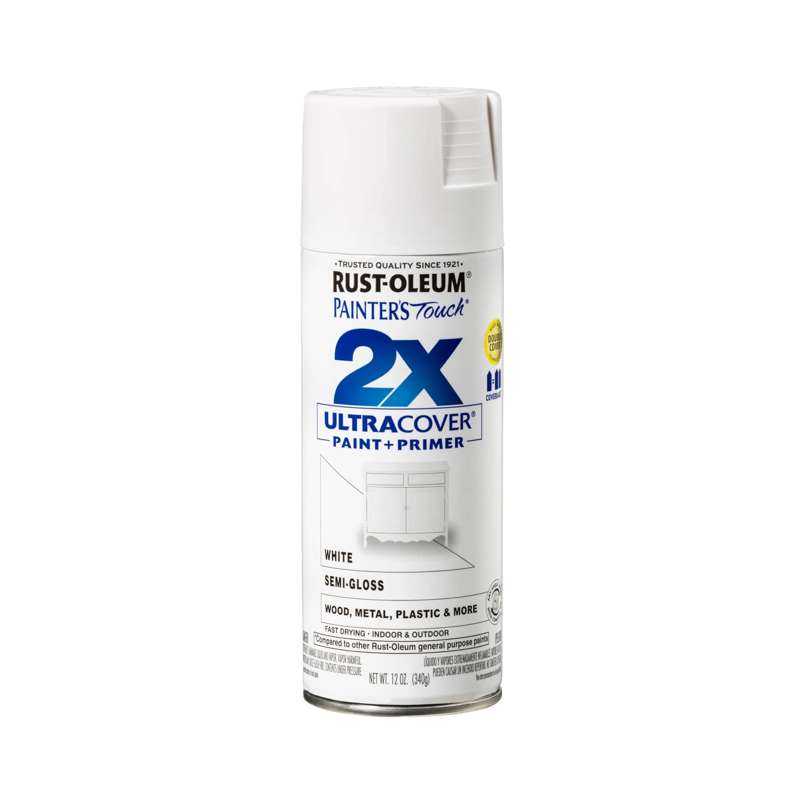 Rust-Oleum Painter's Touch 2X Ultra Cover Spray Paint, Satin Moss Green, 340g (12 Oz) | Professional Grade, Indoor/Outdoor Use — Semi-Gloss White / Semi-Gloss