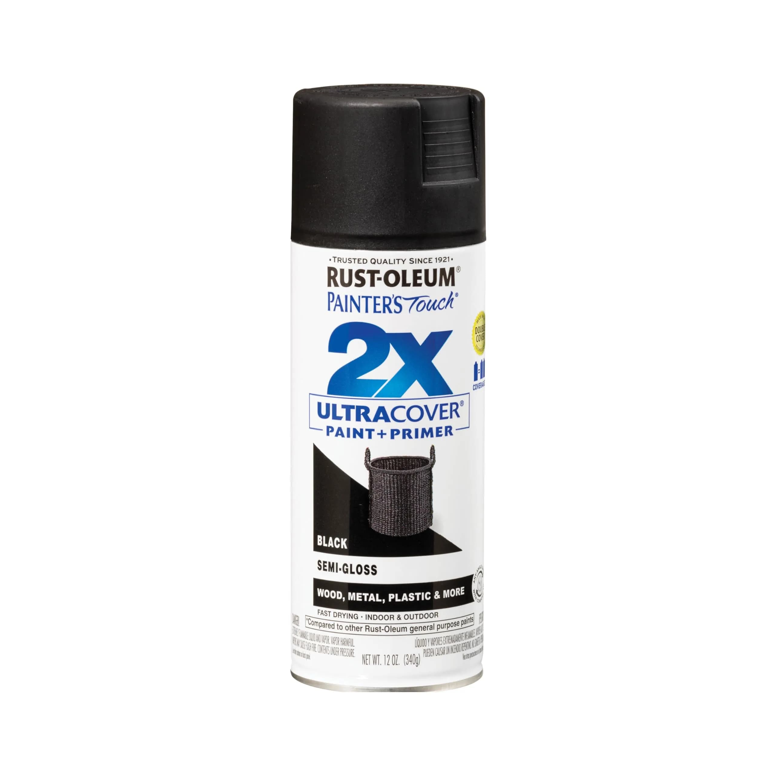 Rust-Oleum Painter's Touch 2X Ultra Cover Spray Paint, Satin Moss Green, 340g (12 Oz) | Professional Grade, Indoor/Outdoor Use — Semi-Gloss Black / Semi-Gloss