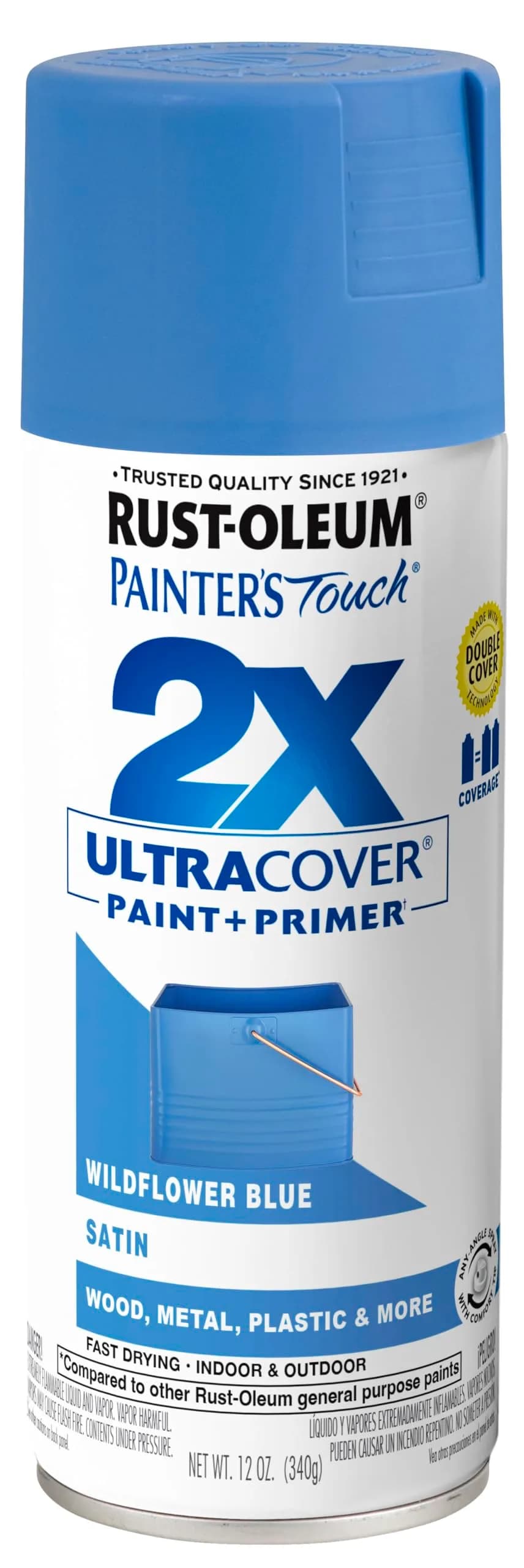 Rust-Oleum Painter's Touch 2X Ultra Cover Spray Paint, Satin Moss Green, 340g (12 Oz) | Professional Grade, Indoor/Outdoor Use — Satin Wildflower Blue / Satin