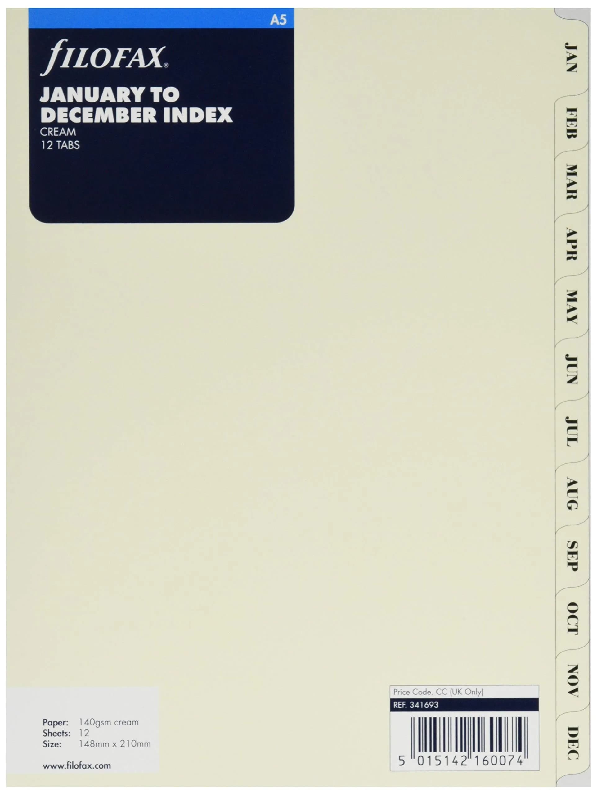 Filofax A5 Monthly Index Divider Set 12 Tabs Cotton Cream | Luxury Paper Organizers for Planners - main product image