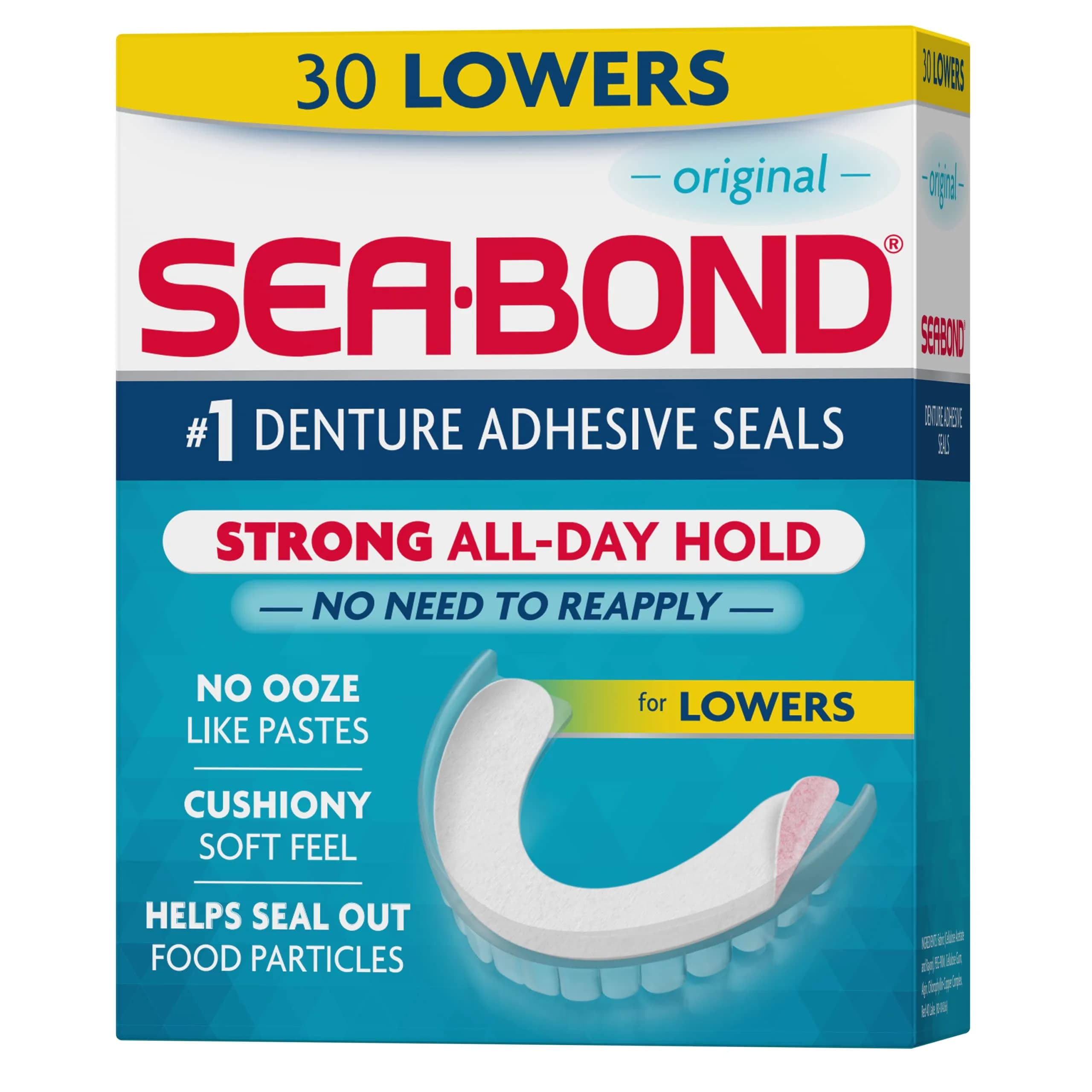 Sea-Bond Secure Denture Adhesive Seals for Lowers, Original Flavor, Zinc-Free, 30 Count | Mess-Free All-Day Hold - main product image