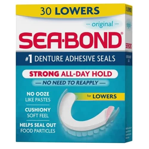 Sea-Bond Secure Denture Adhesive Seals for Lowers, Original Flavor, Zinc-Free, 30 Count | Mess-Free All-Day Hold thumbnail 1
