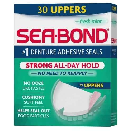 Sea-Bond Fresh Mint Uppers Denture Adhesive Seals 60 Count (30 Count Pack of 2) | Zinc-Free All-Day Hold — Uppers
