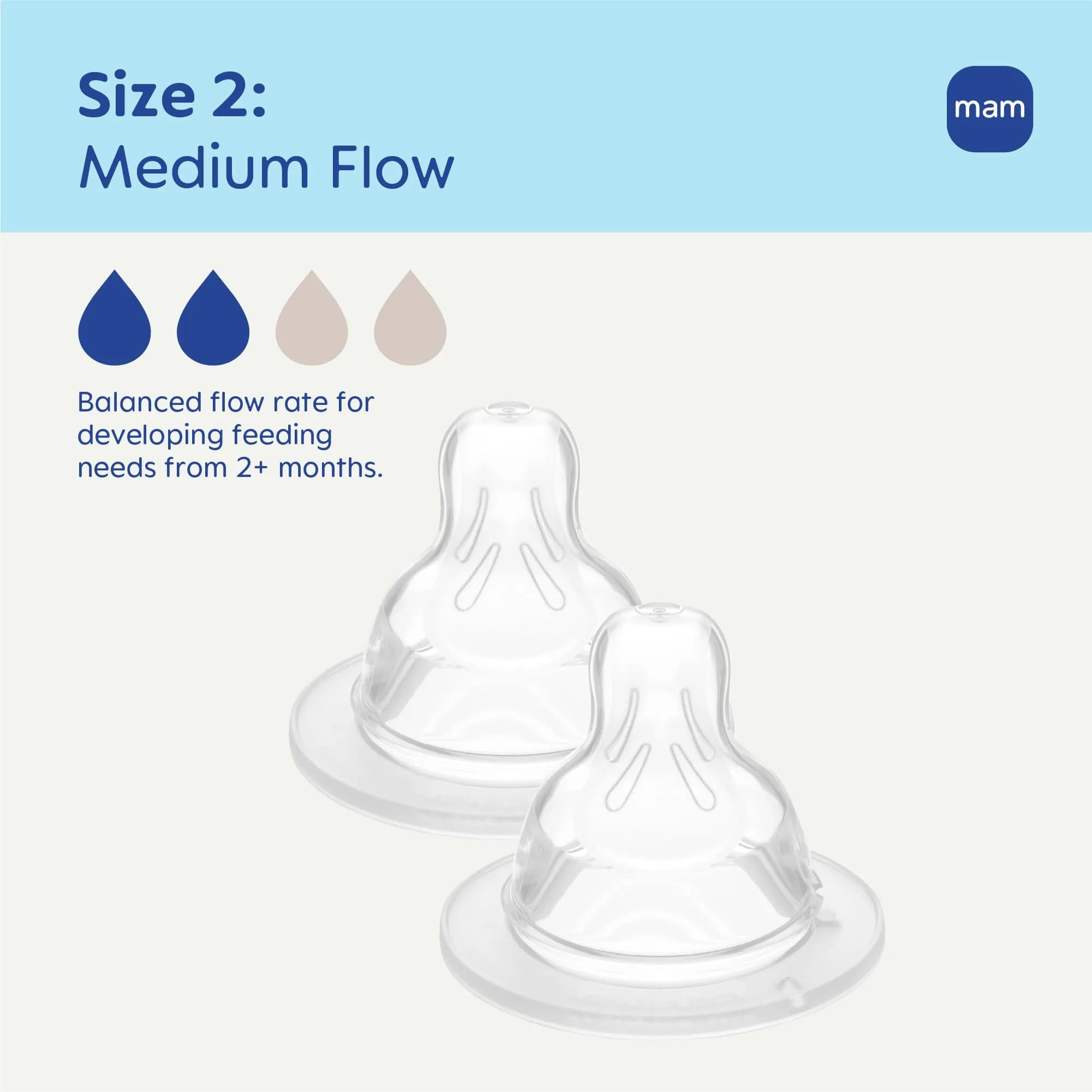 MAM Baby Bottle Anti-Colic Medium Flow Nipples, Fits All MAM Bottles, 2 Pk thumbnail 2