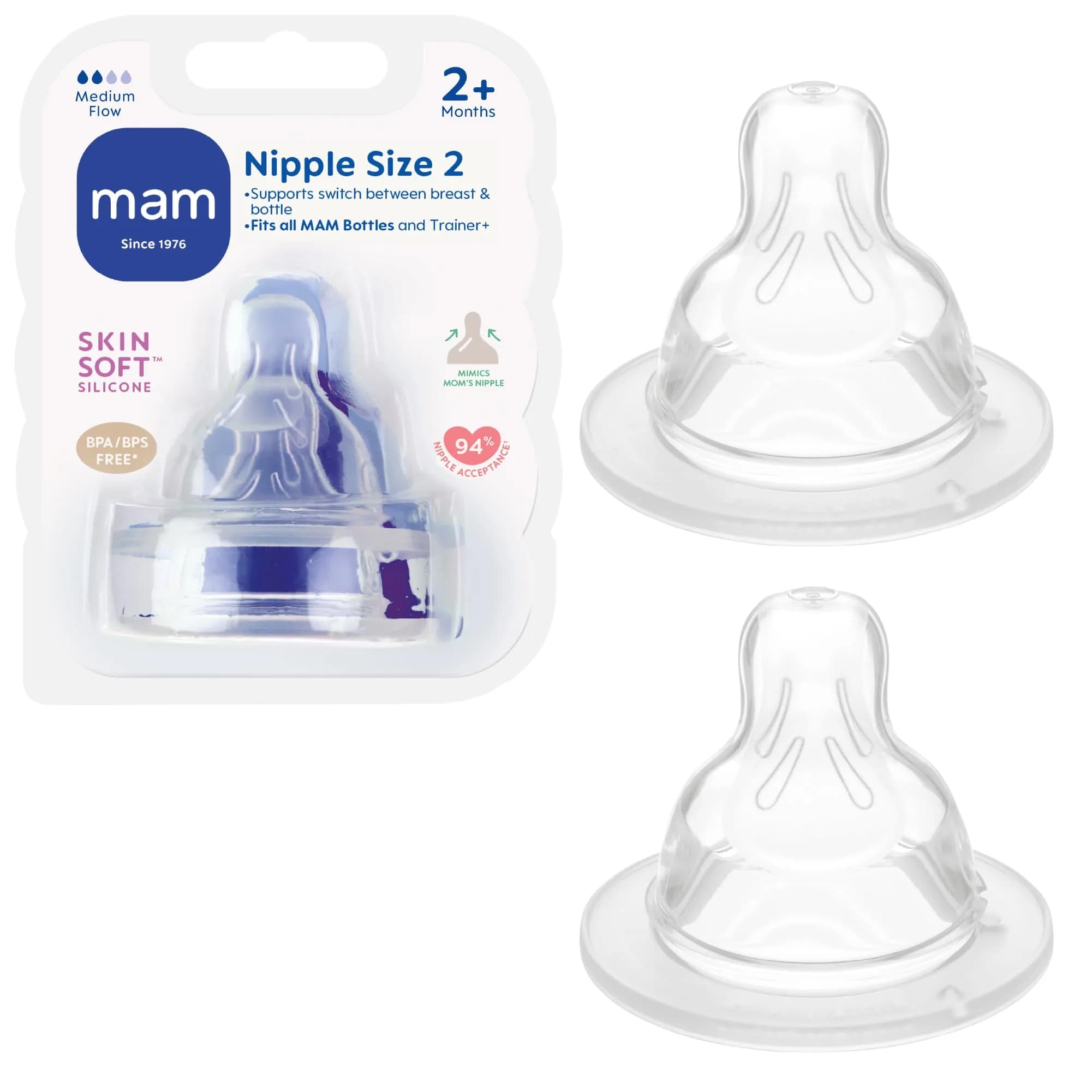 MAM Fast Flow Level 3 Bottle Nipples (Set of 2) | 4+ Months, SkinSoft Silicone, Fits All MAM Bottles — Medium Flow