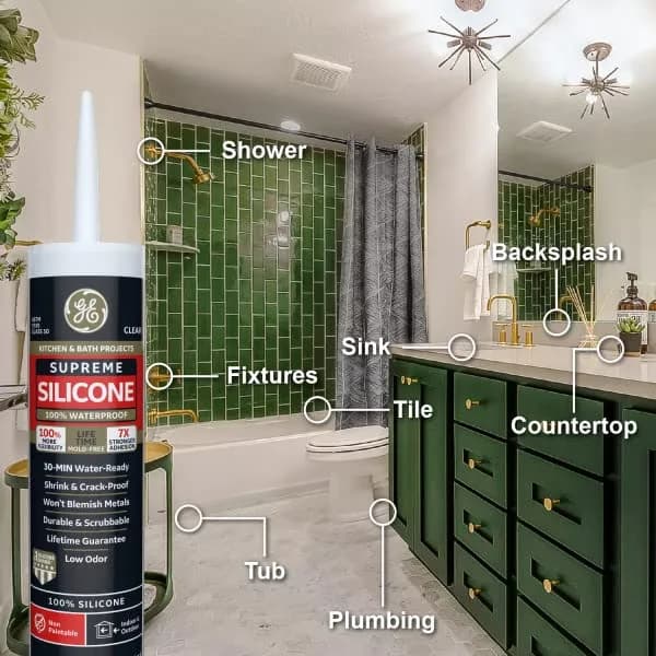 GE Supreme Silicone Caulk for Kitchen & Bath, White, 300ml (10.1 fl oz) | Waterproof & Mildew-Resistant Sealant thumbnail 6