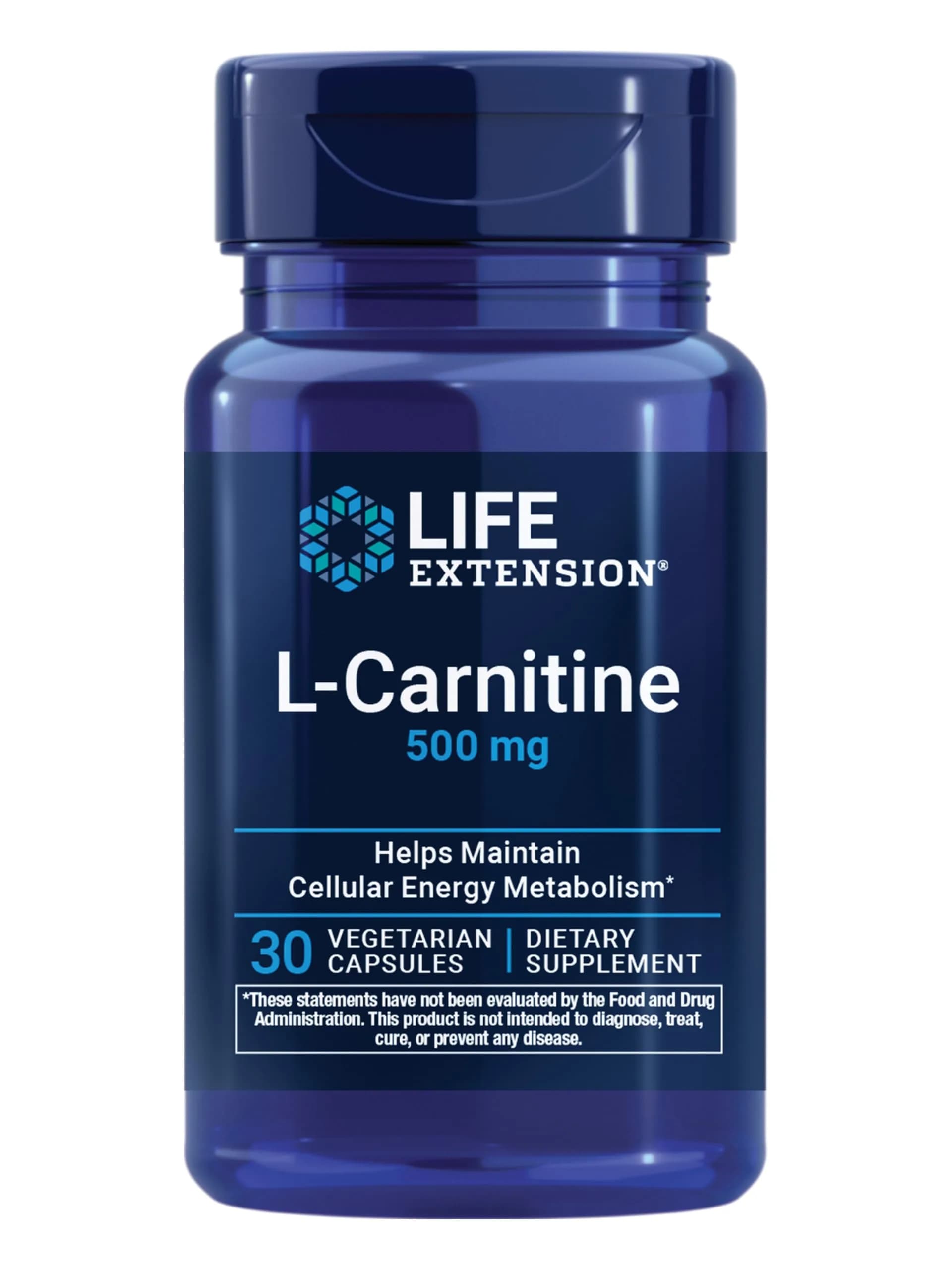 Life Extension L-Carnitine Free Form Amino Acid 500 mg 30 Capsules | Supports Mitochondria & Energy Production — White to Off White
