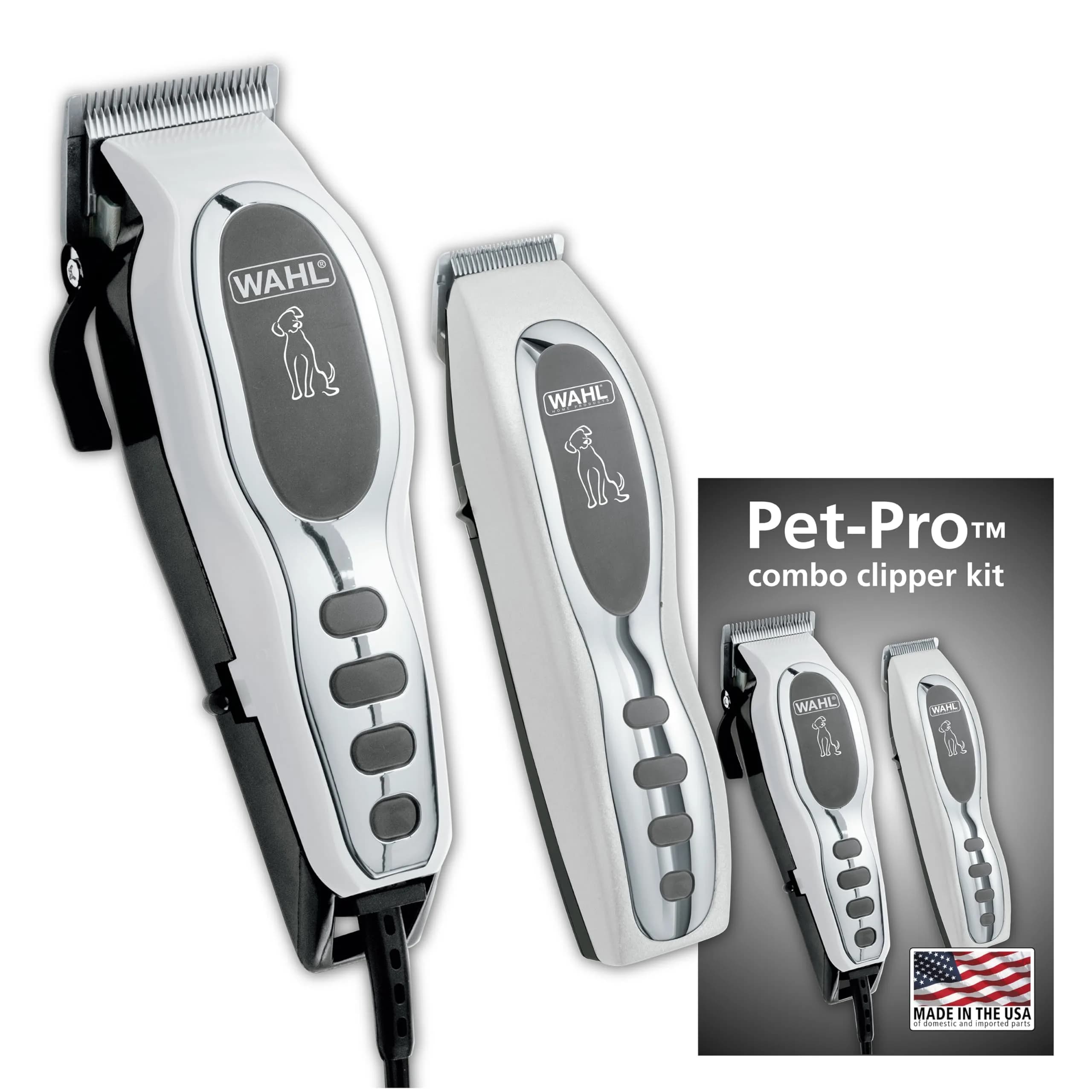 Wahl Pet-Pro Corded Clipper & Battery Trimmer for Dogs | High Carbon Steel Blades, Quiet & Stress-Free Grooming — Chrome/White