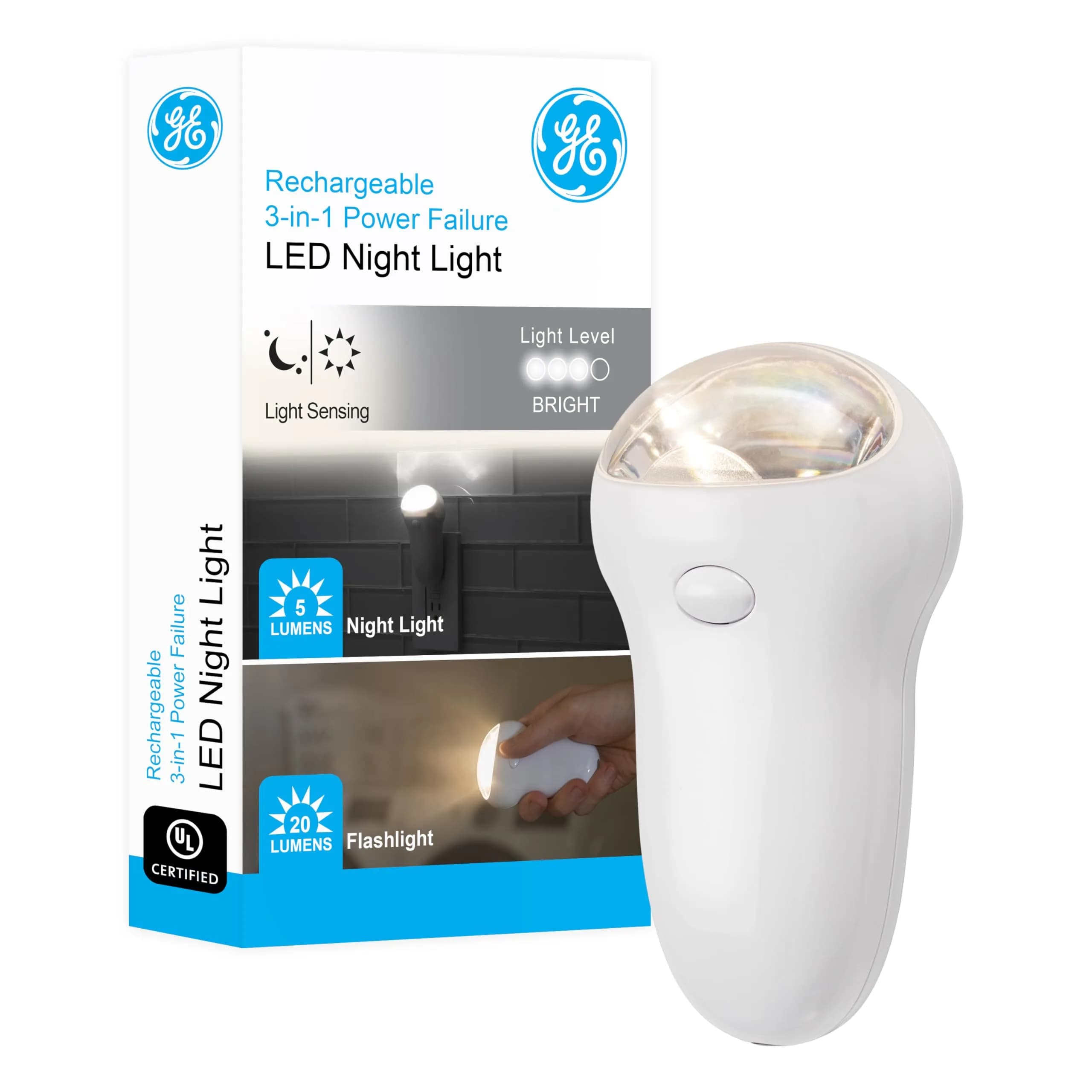GE 3-in-1 LED Power Failure Night Light & Flashlight, White, 1 Pack | Automatic Dusk-to-Dawn Sensor & Rechargeable Battery - main product image