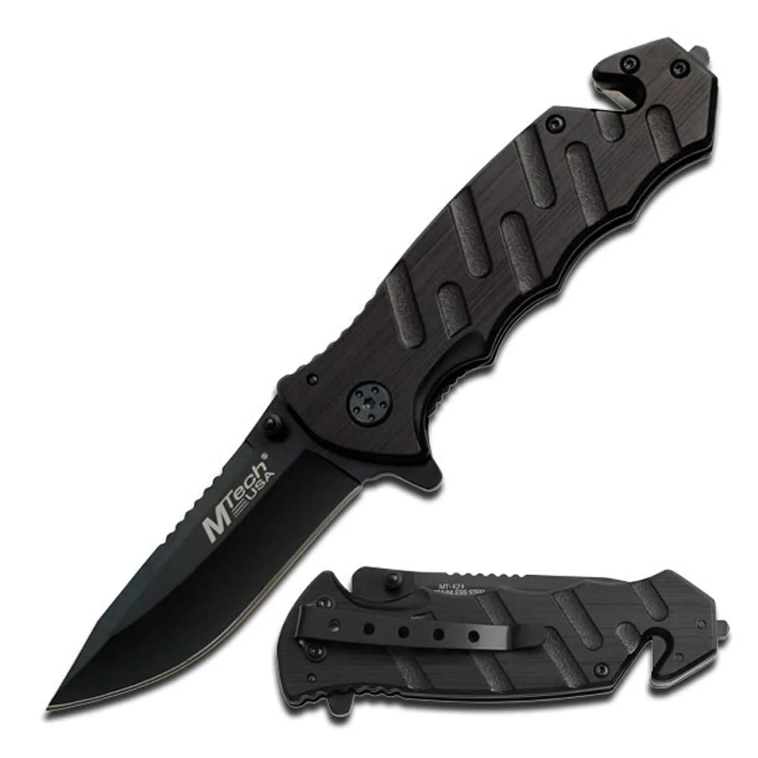 MTECH USA Black Tactical Rescue Knife with Aluminum Handle | 3.25" 440 Stainless Steel Blade