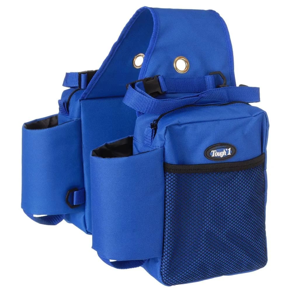 Tough 1 Saddle Bag with Bottle Holders - Royal Blue 12" x 13" x 2.5" | Durable Nylon Equestrian Pack — Royal Blue