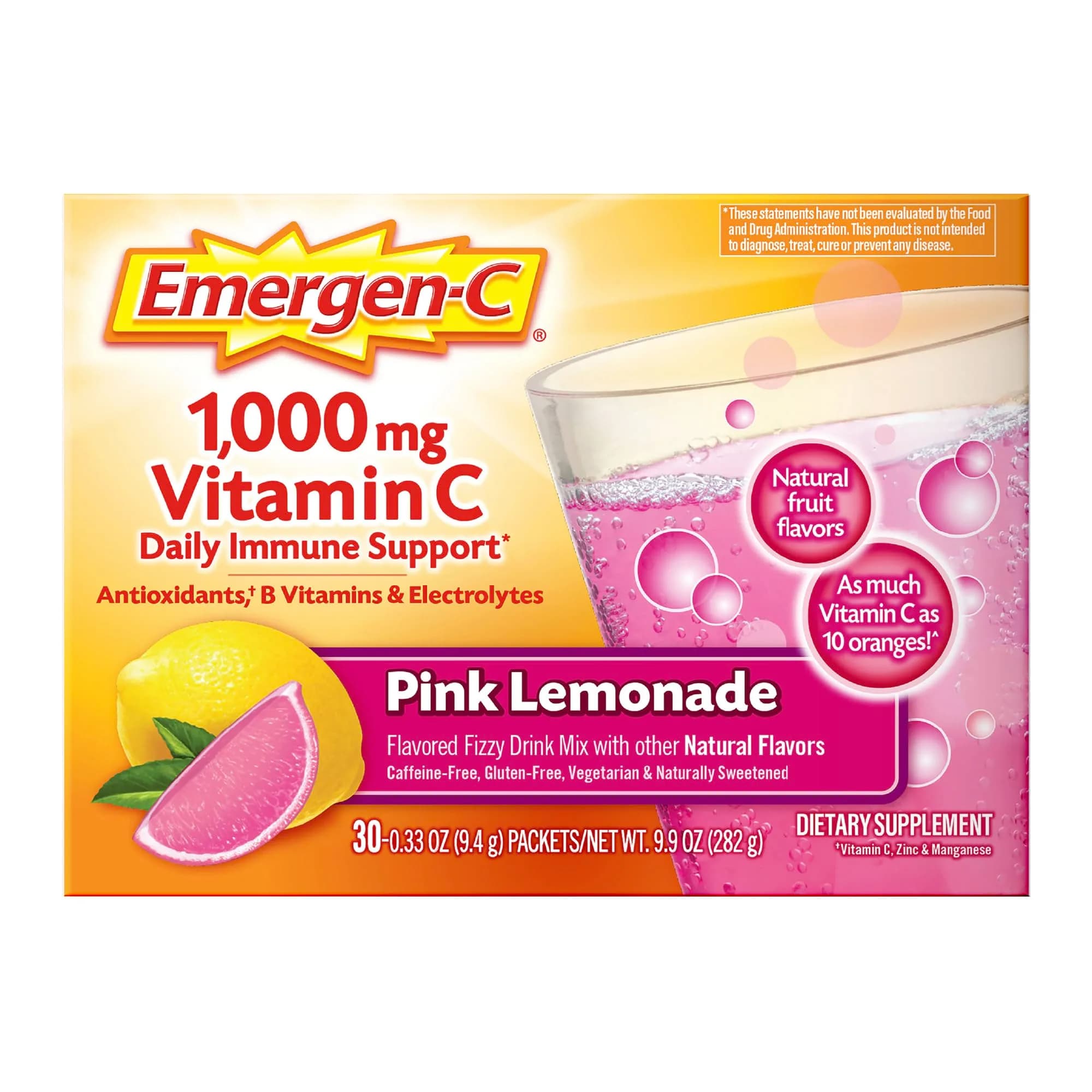 Emergen-C 1000mg Vitamin C Immune Support Powder Tangerine 30 Count | Daily Immune Support with Zinc & B Vitamins — Pink Lemonade