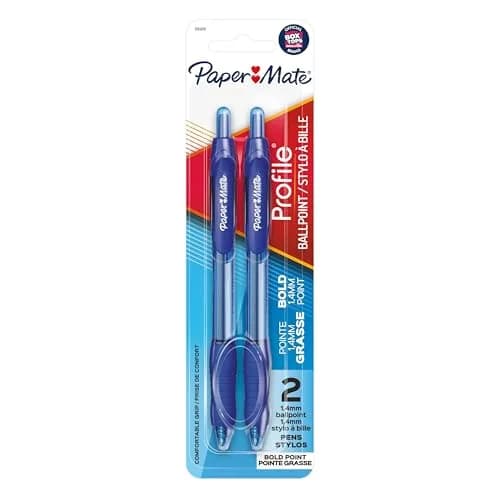 Paper Mate Profile Retractable Ballpoint Pens, Bold (1.4mm), Blue, 2 Count | Bright Ink & Comfortable Grip thumbnail 1