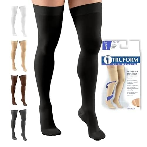 Truform 20-30 Mmhg Compression Stockings for Men & Women | Thigh High, Dot Top, Closed Toe, Black, Large thumbnail 1