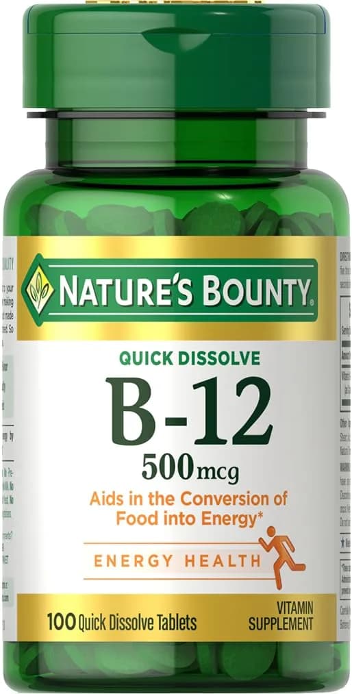 Nature's Bounty Vitamin B12 Quick Dissolve Tablets 500mcg Cherry Flavor | Supports Energy Metabolism & Nervous System Health (300 Tablets Total) — 100 Tablets