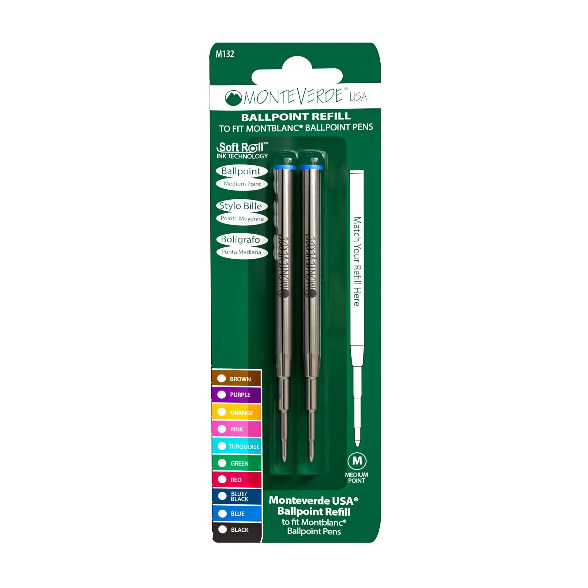 Monteverde Ballpoint Refill to Fit Montblanc, Medium, Blue, 2 Pack | Smooth, Vibrant Ink for Professional & Personal Use