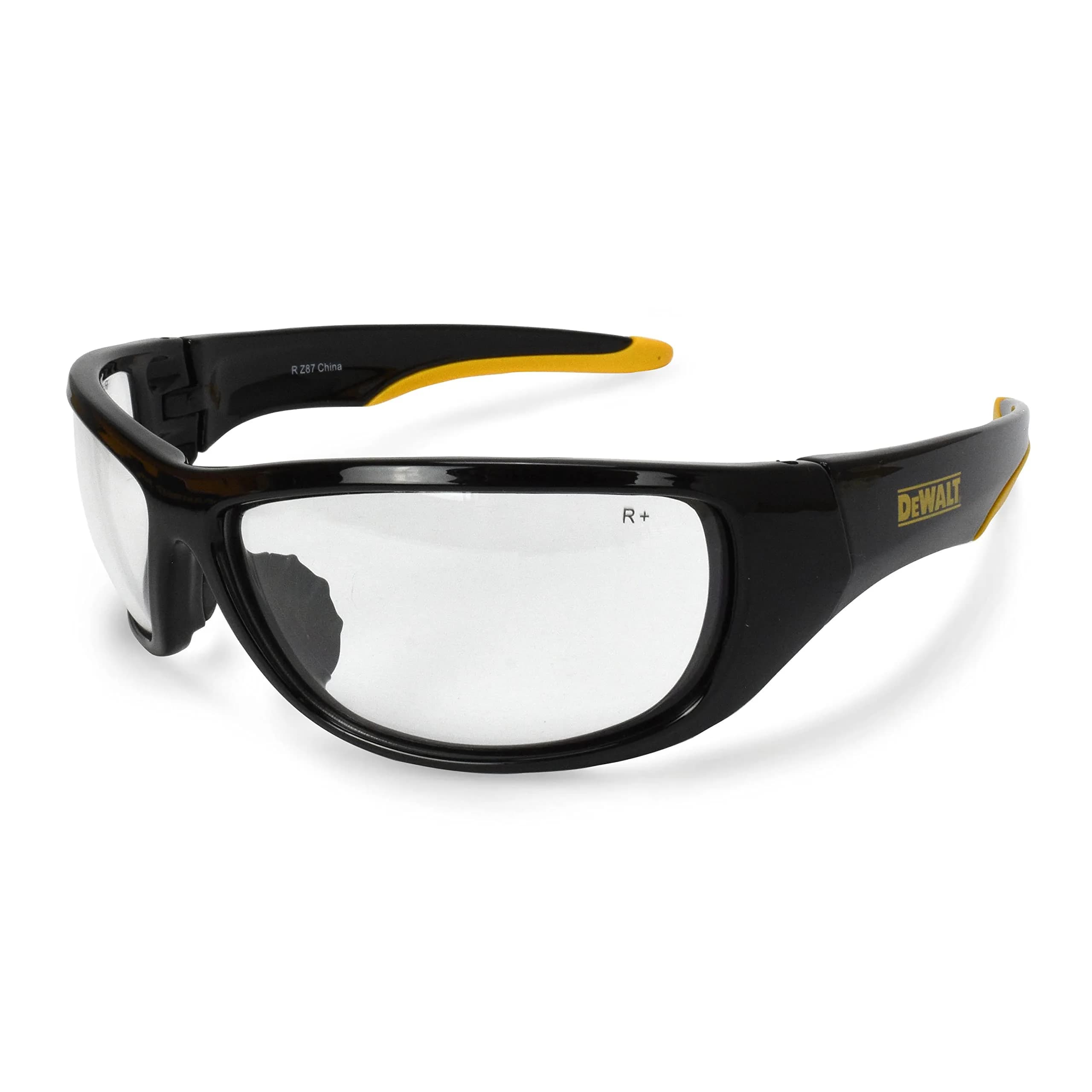 DEWALT Dominator Z87+ Safety Glasses with Clear Lens | ANSI Z87.1+ High-Impact Rated — Black/Yellow Frame W/ Clear Lens