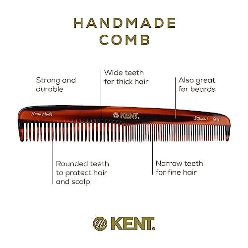 KENT 9T Tortoiseshell Fine & Wide Tooth Comb - 19.2 cm (7.5 inch) Handmade Saw-Cut Detangler | Ideal for Wet Hair & Beard Grooming thumbnail 4