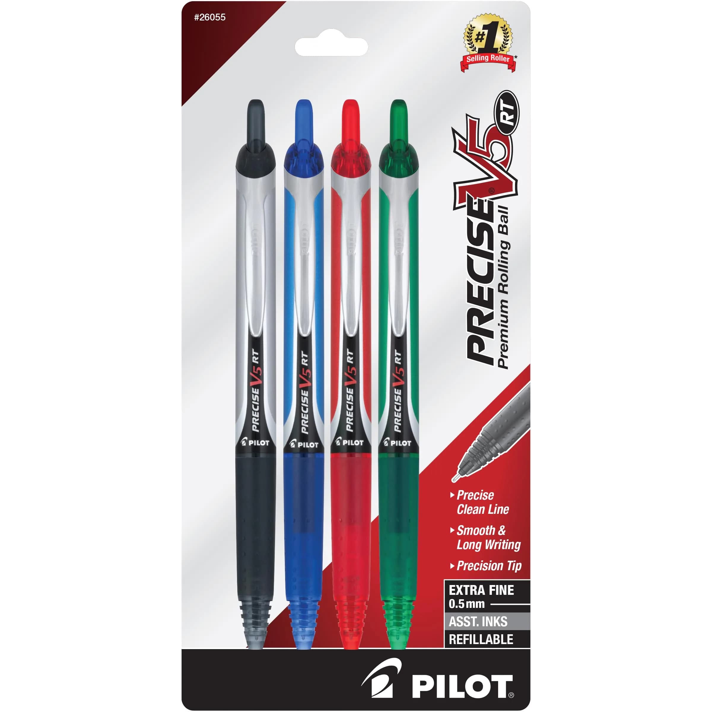Pilot Precise V5 RT Rolling Ball Pens 0.5mm Extra Fine Point 4-Count | Smooth Ink Flow for School, Journaling & Office Writing - main product image