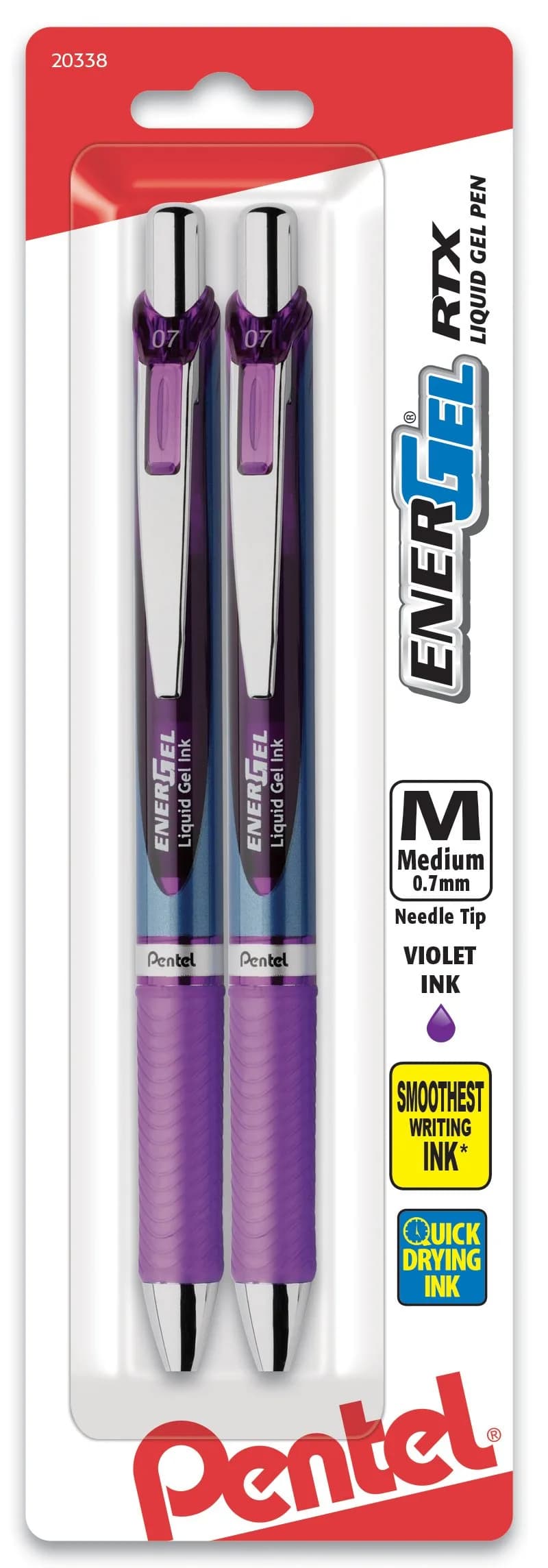 Pentel EnerGel RTX Retractable Liquid Gel Pen, 0.7mm Medium Line, Black Ink, 2 Count | Smooth Ink Flow for Left-Handed Writers — 2-Pack