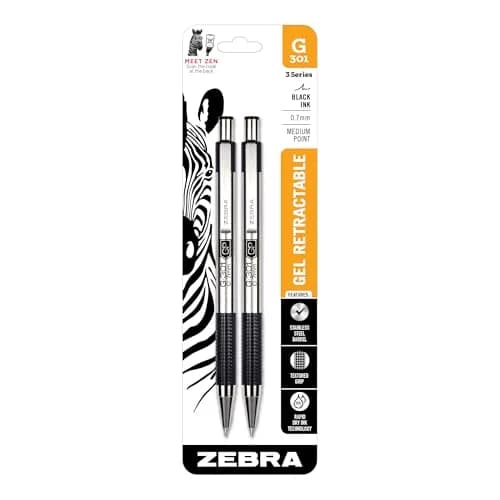 Zebra Pen STEEL G-301 Retractable Gel Pen, Black Ink, 0.7mm, 2-Pack | Smooth Ink Flow for Professionals thumbnail 1