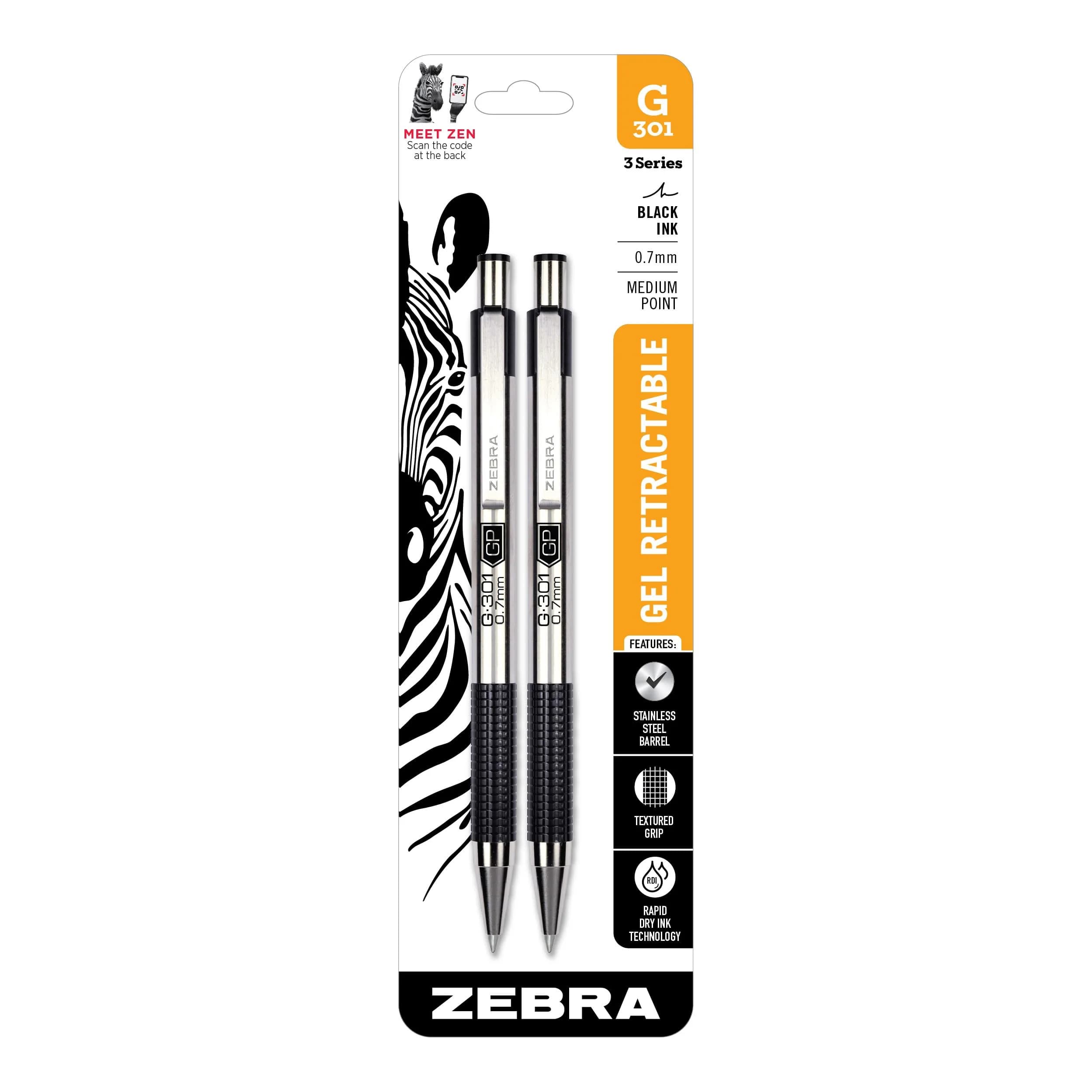 Zebra Pen STEEL G-301 Retractable Gel Pen, Black Ink, 0.7mm, 2-Pack | Smooth Ink Flow for Professionals - main product image