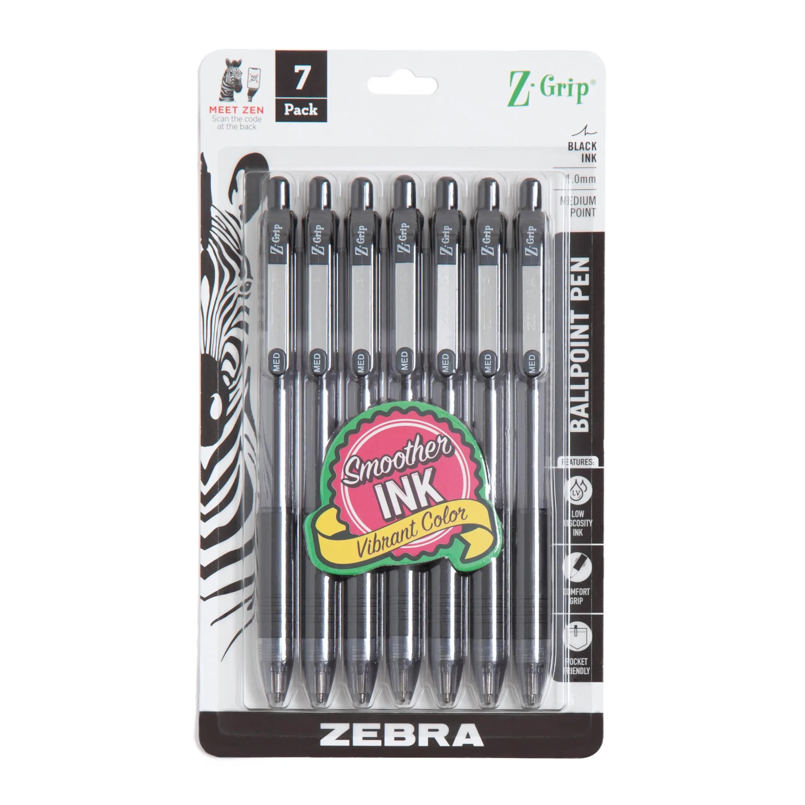 Zebra Pen Z-Grip Retractable Ballpoint Pen 1.0mm Medium Point 7-Pack | Smooth-Flowing Black Ink for Note-Taking - main product image