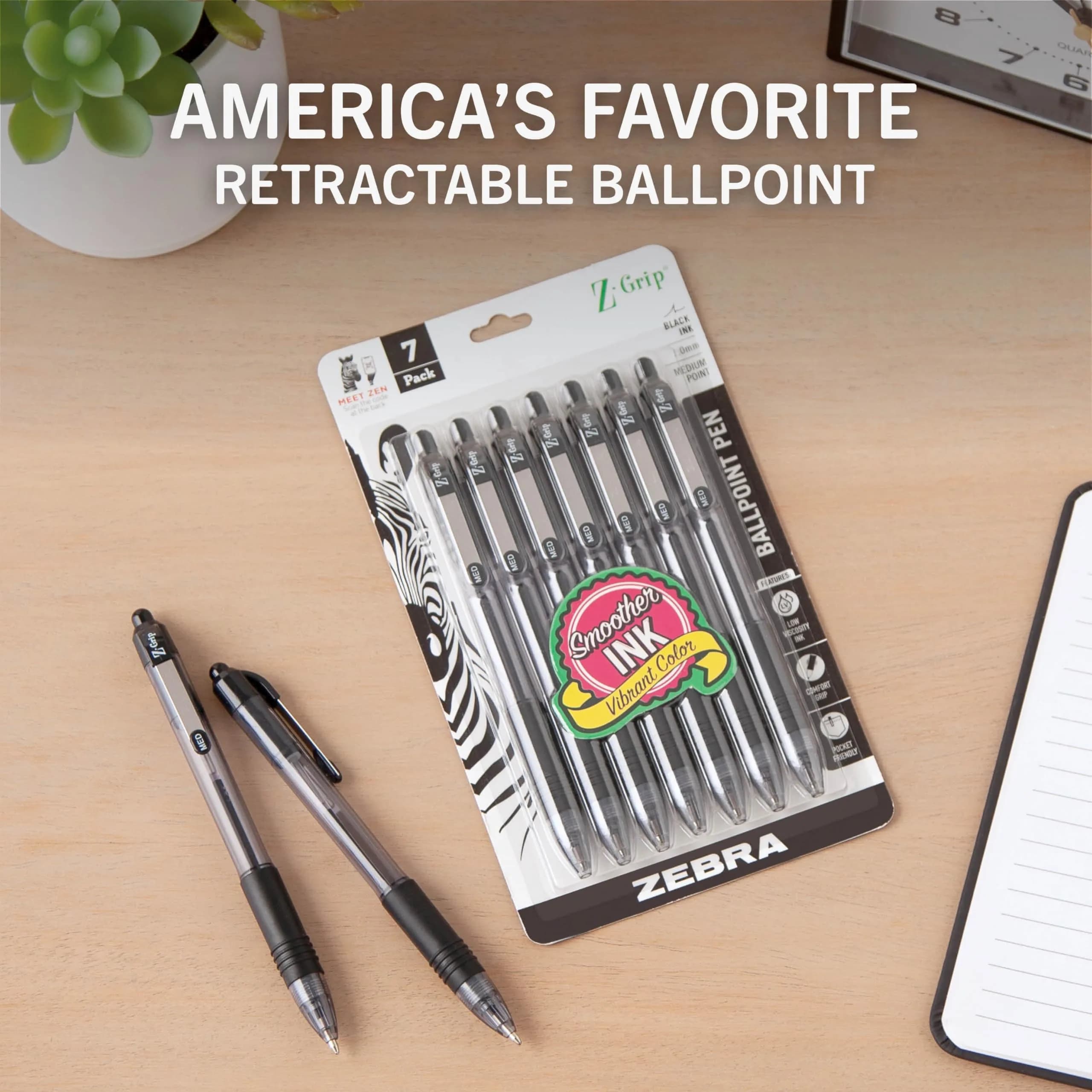 Zebra Pen Z-Grip Retractable Ballpoint Pen 1.0mm Medium Point 7-Pack | Smooth-Flowing Black Ink for Note-Taking - view 2