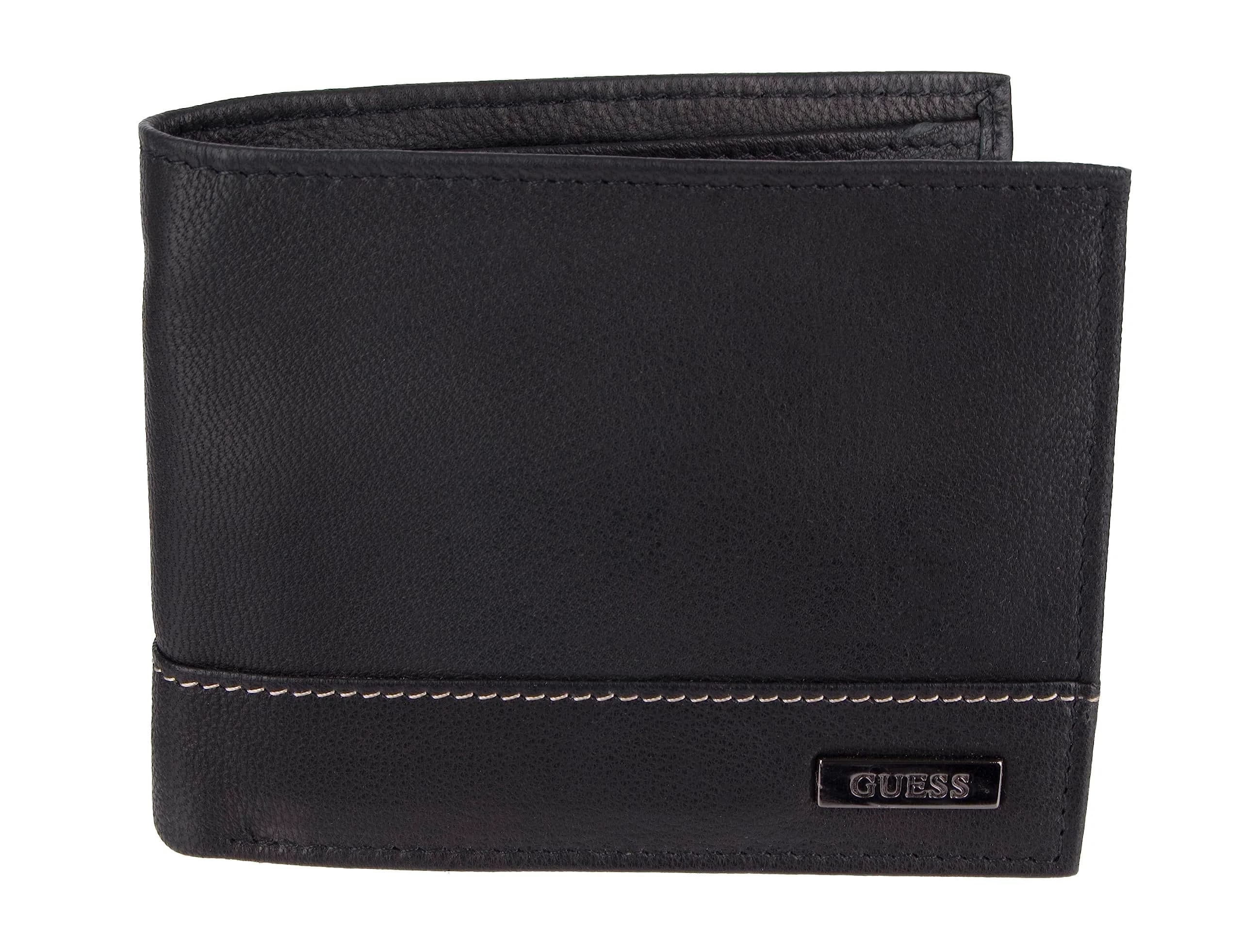 GUESS Men's Black Full-Grain Leather Passcase Wallet | RFID Blocking, 6 Card Slots, ID Window — Black/White