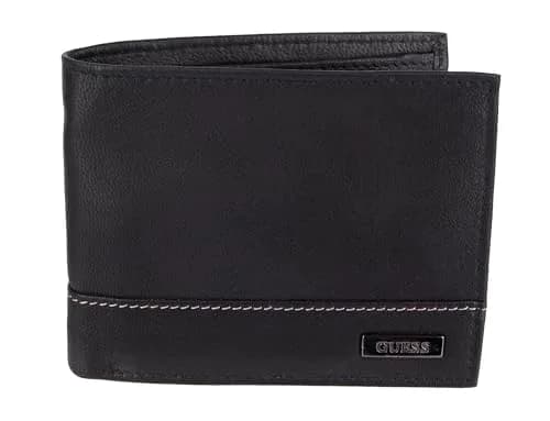 GUESS Men's Black Full-Grain Leather Passcase Wallet | RFID Blocking, 6 Card Slots, ID Window — Black/White