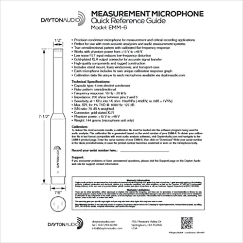 Dayton Audio EMM-6 Omnidirectional Condenser Microphone 17.5 cm (6.89 in) | Precision Measurement Mic with Calibration Data thumbnail 3