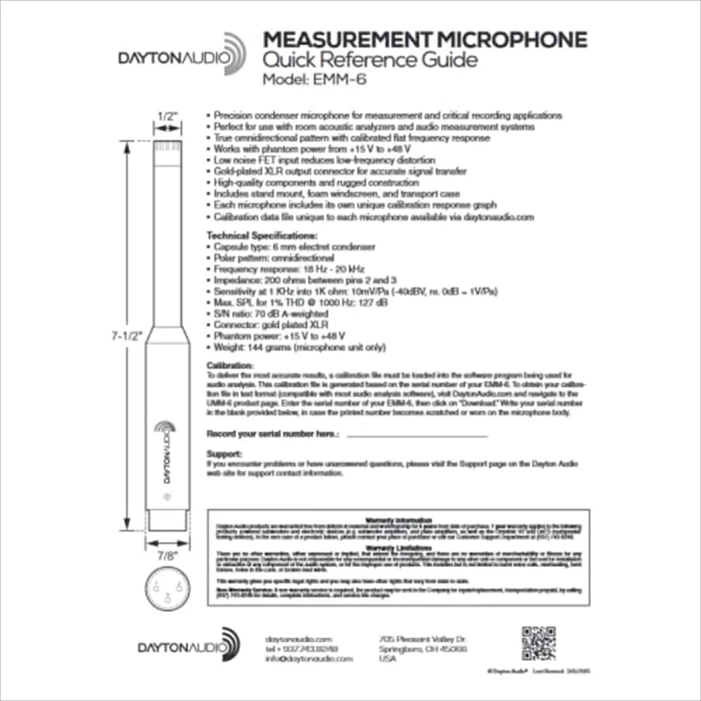 Dayton Audio EMM-6 Omnidirectional Condenser Microphone 17.5 cm (6.89 in) | Precision Measurement Mic with Calibration Data - view 3