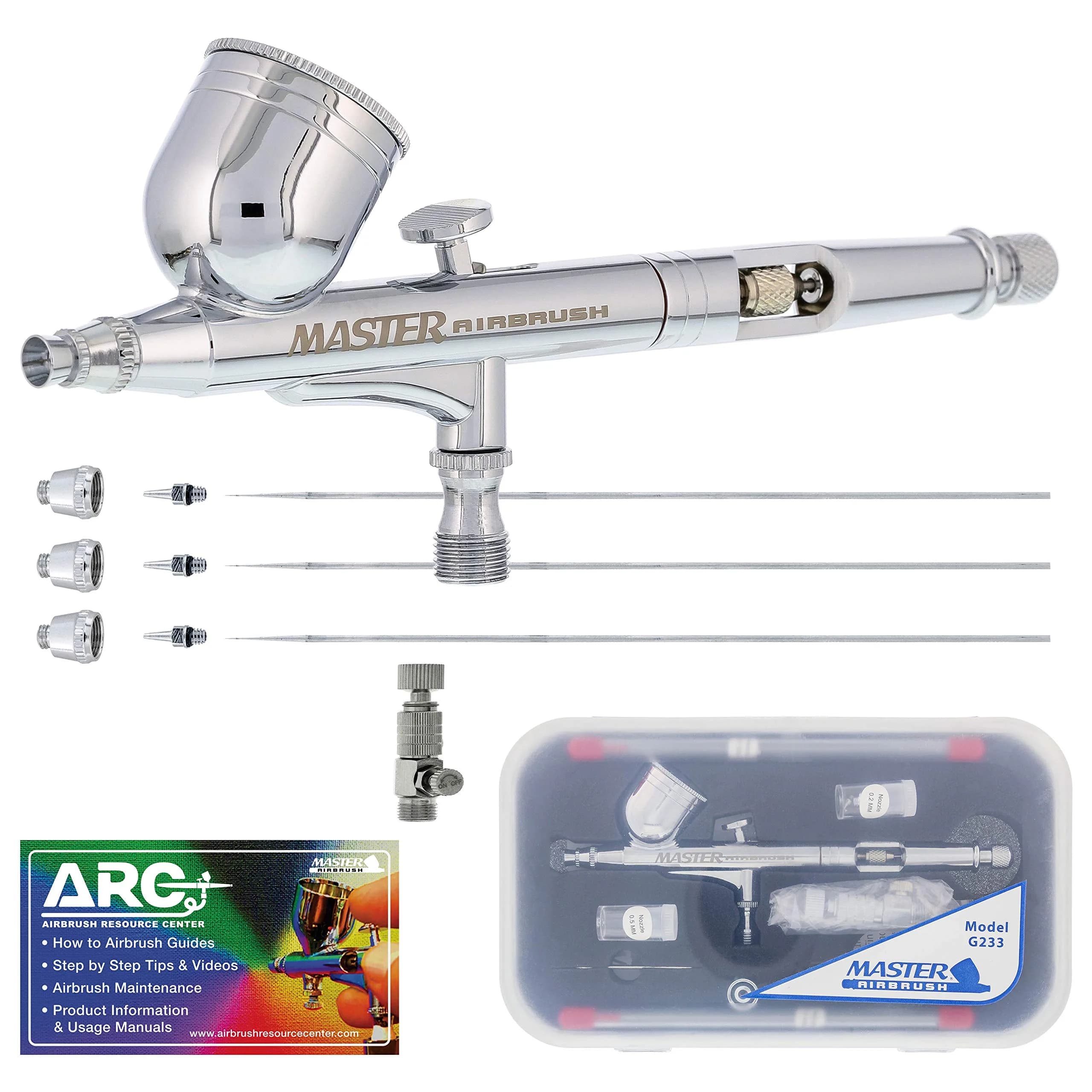 Master Airbrush G233 Performance Pro Airbrush Kit with 3 Nozzle Sets | Dual-Action Gravity Feed for Fine Detail & Broad Spray - main product image