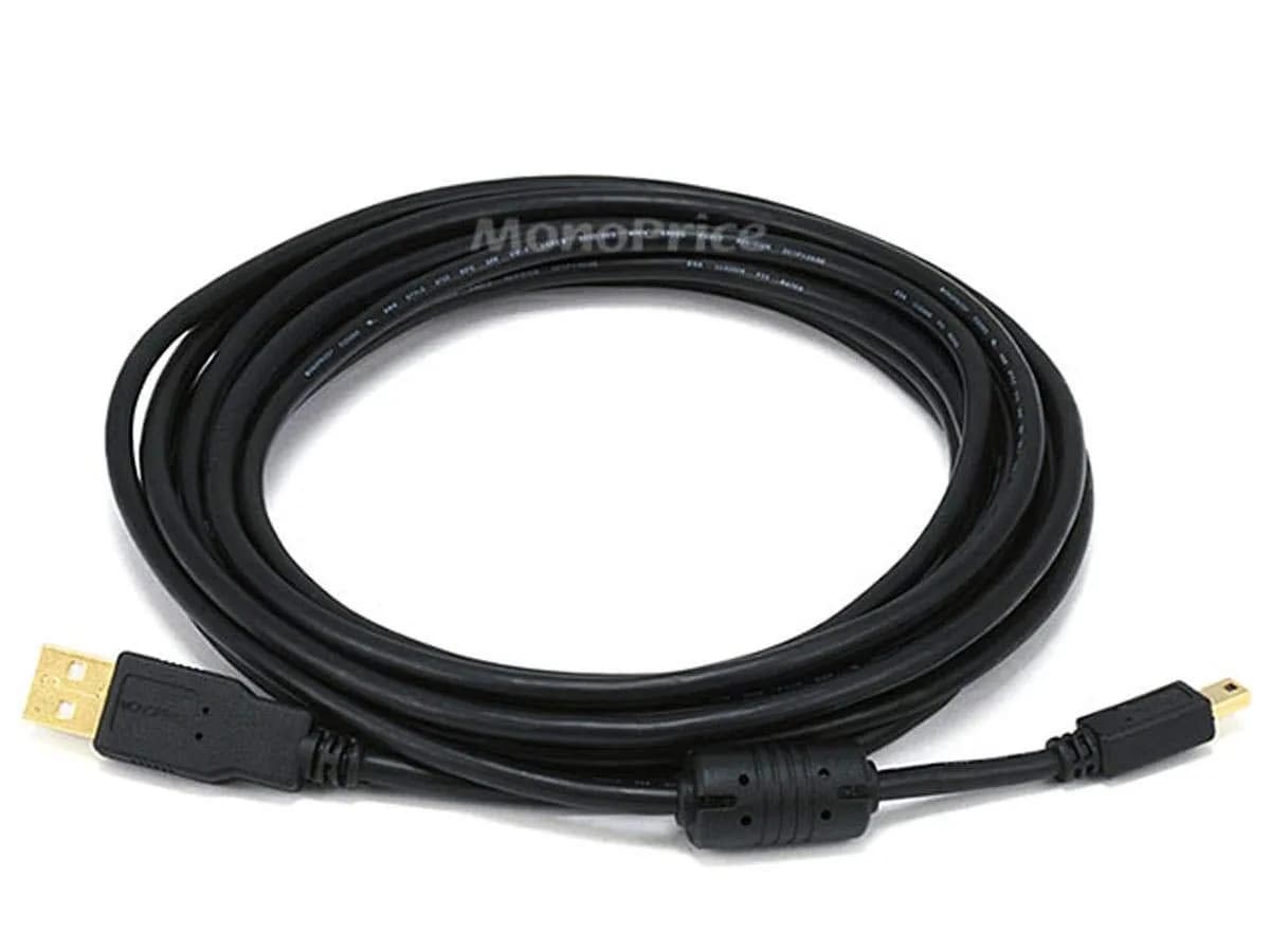 Monoprice 15-Feet USB 2.0 A Male to Mini-B 5pin Male Cable with Ferrite Core (Gold Plated) (105450) | Fully Shielded & Gold Plated Connectors — Black