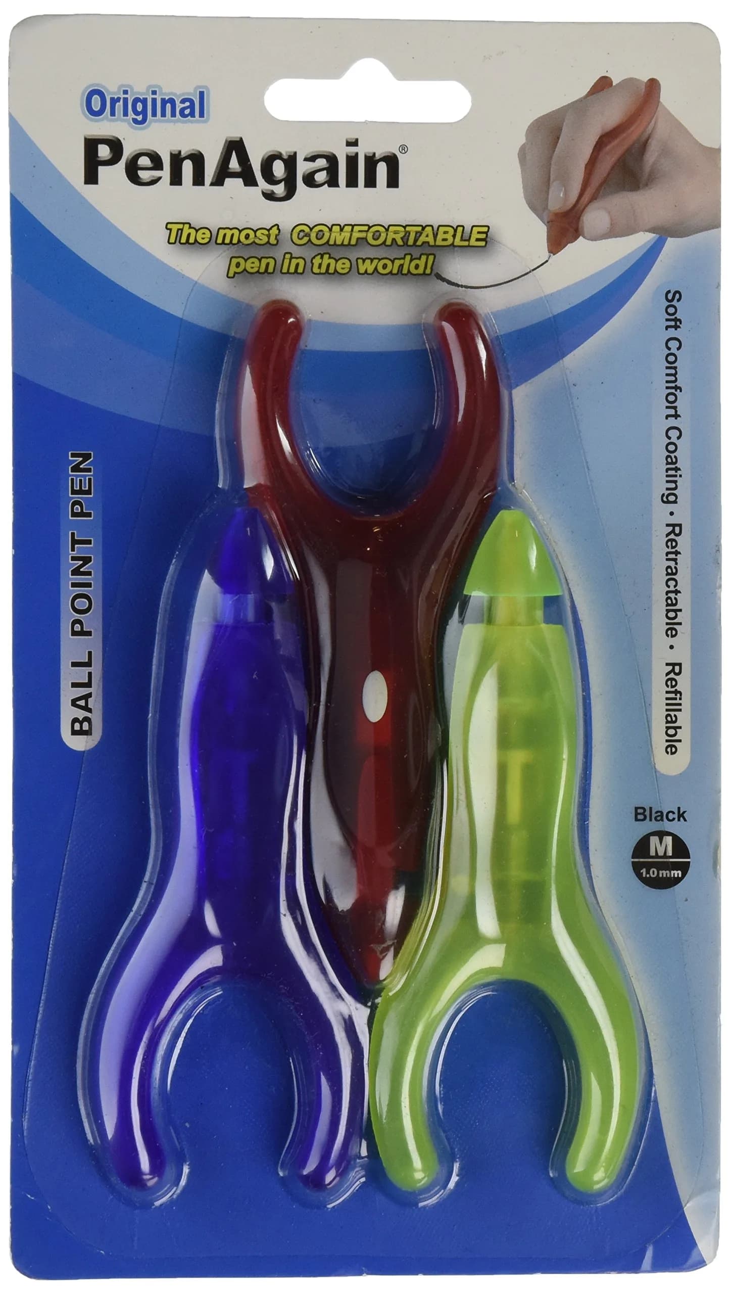 PenAgain Ergonomic Wishbone Ballpoint Pens 3 Count (Pack of 1) | Smooth Ink Flow for Students & Office — Red
