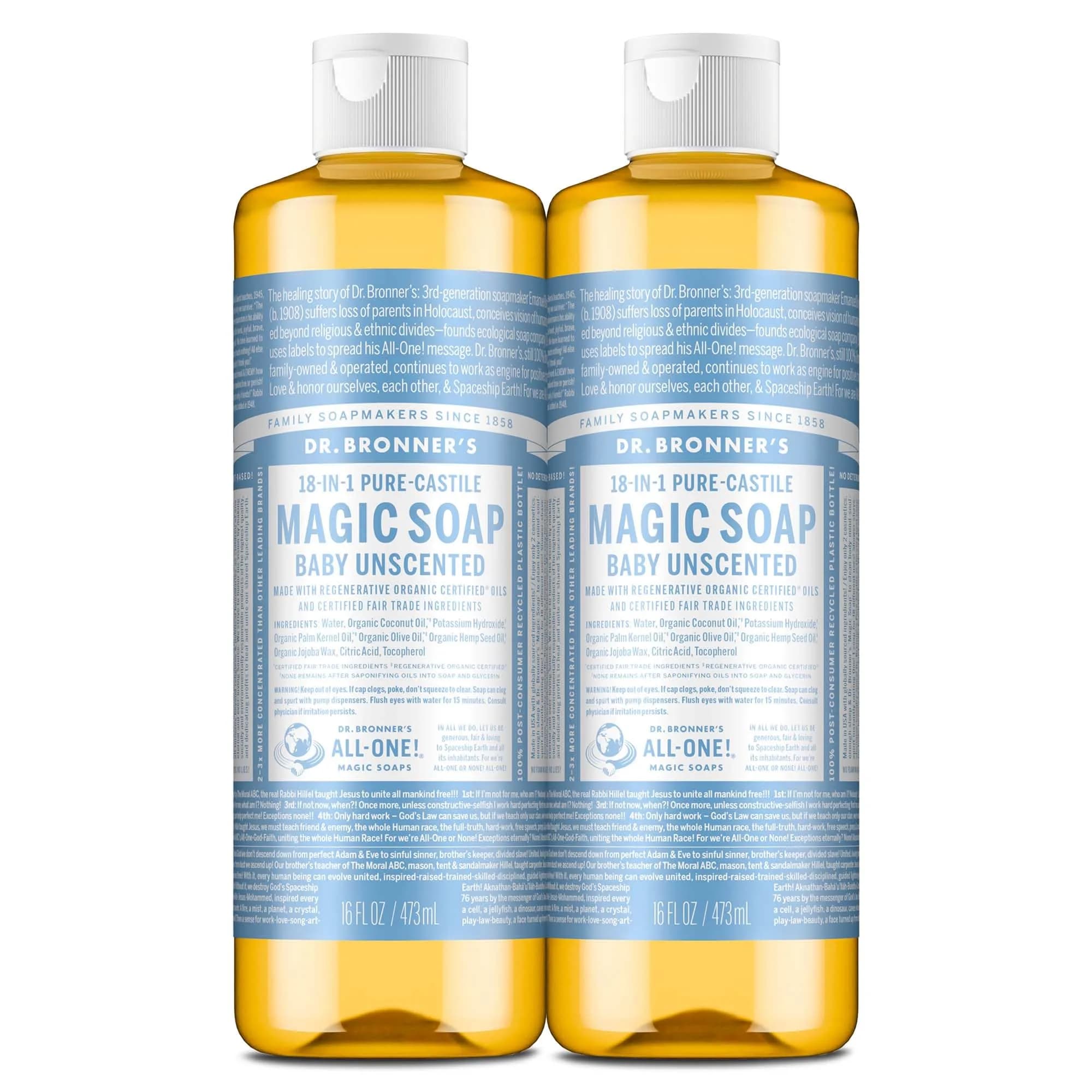 Dr. Bronner's Baby Unscented Pure-Castile Liquid Soap 946ml (32 Fl Oz) | Made with Regenerative Organic Certified Oils — 16 Fl Oz