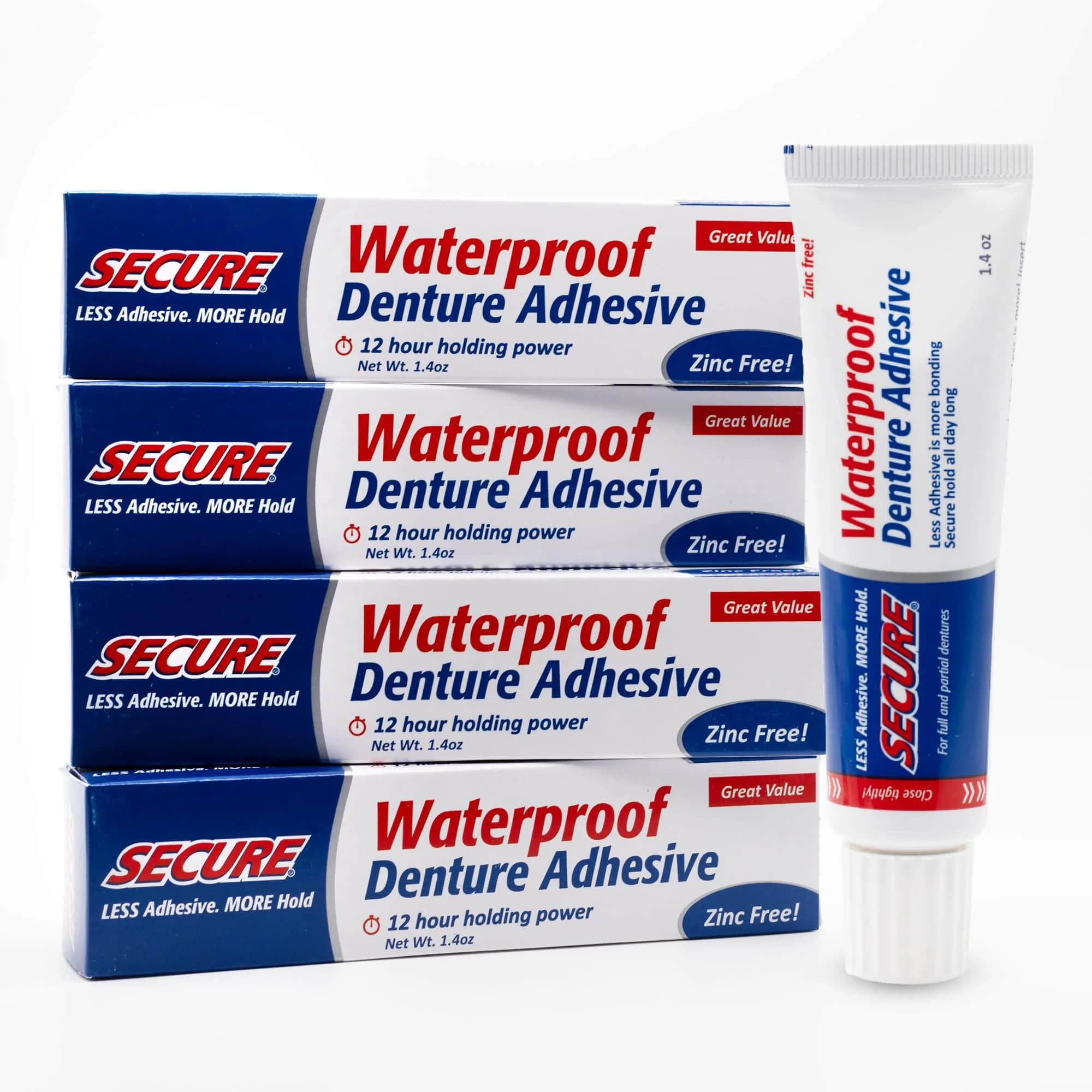 Secure Denture Adhesive Cream 1.4 Oz (5.6 Oz Total) | Waterproof Seal, Zinc-Free, Food Grade - main product image
