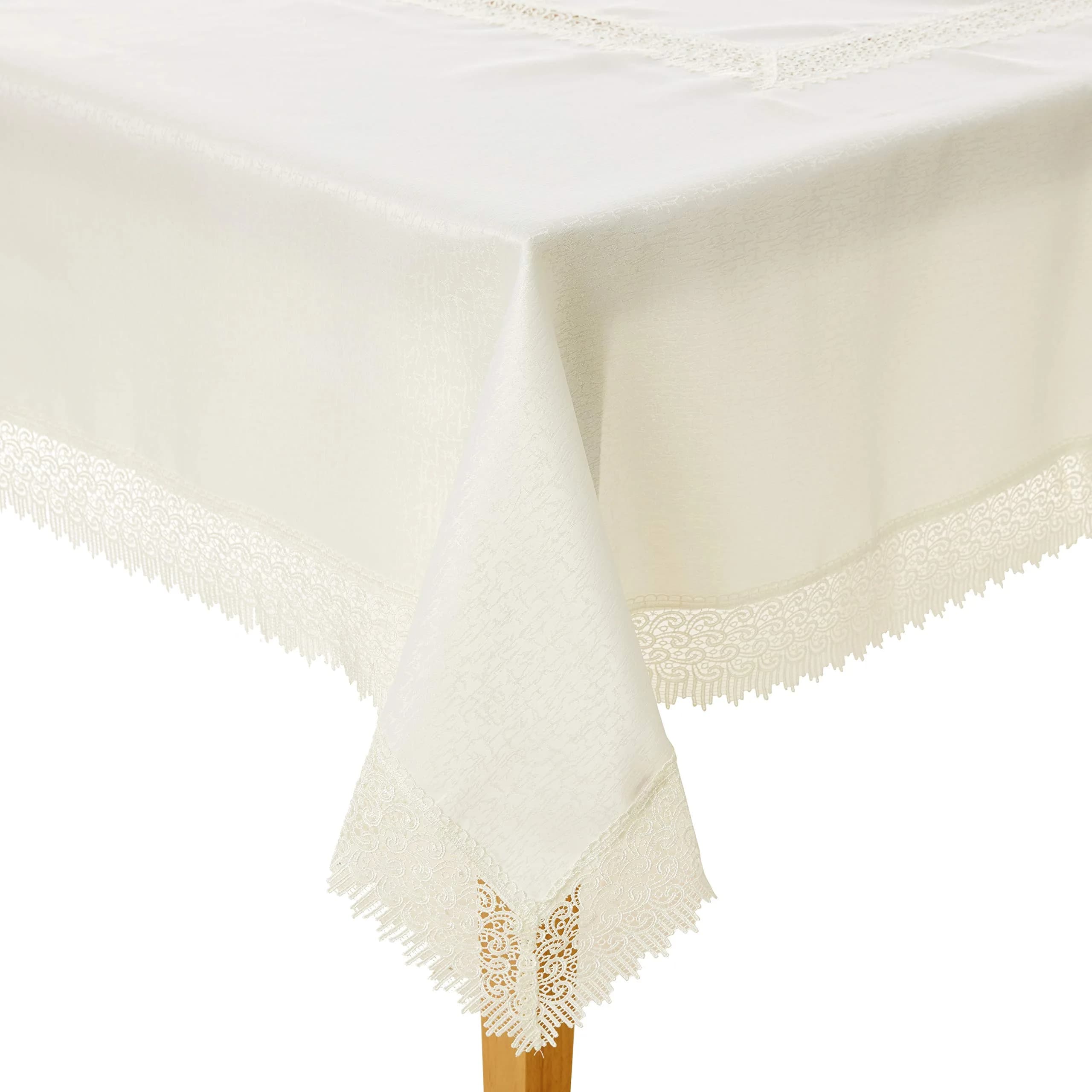 Violet Linen Treasure Lace Tablecloth Ivory 70" x 88" (178cm x 224cm) | Elegant Lace Border for Dining Tables — Ivory