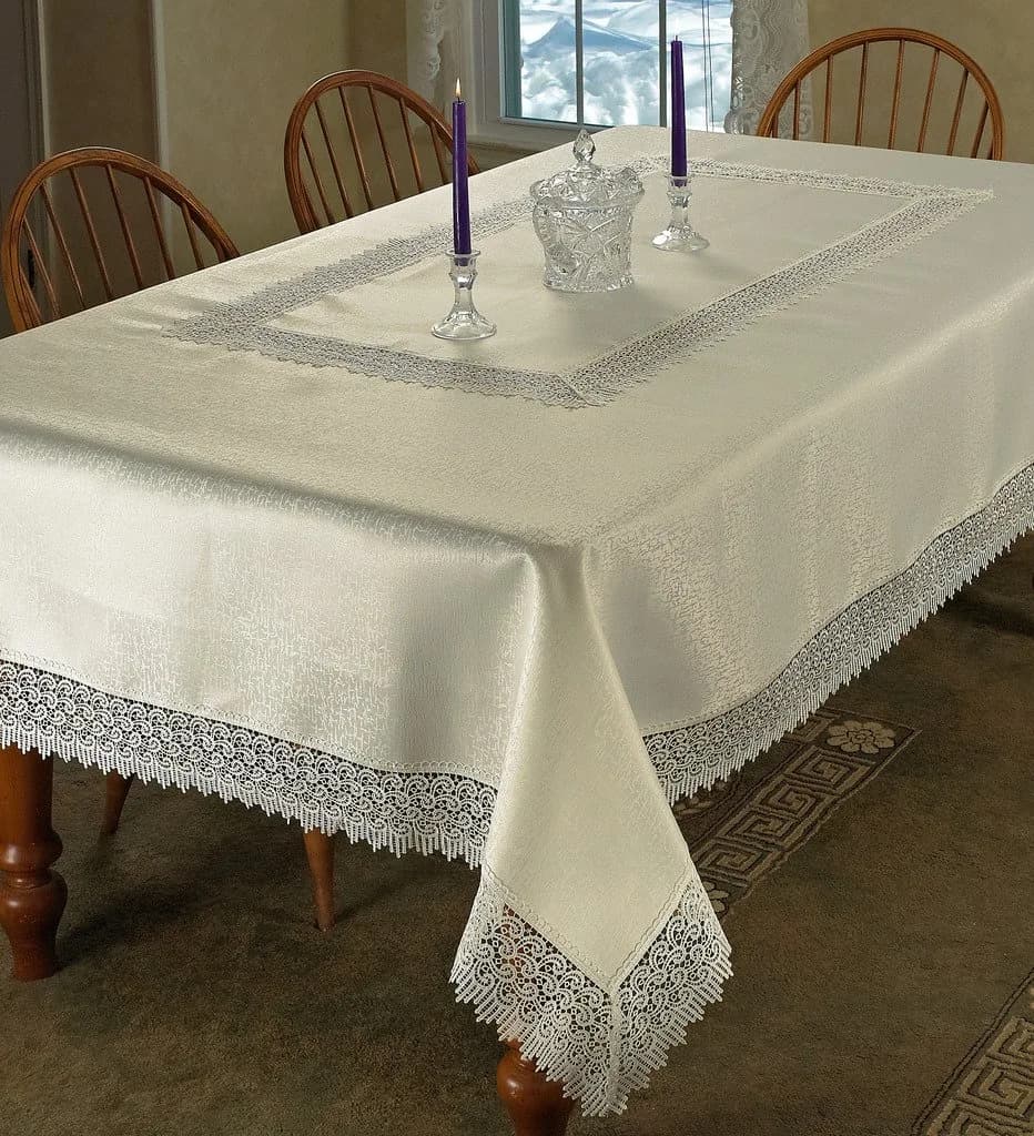 Violet Linen Treasure Lace Tablecloth Ivory 70" x 88" (178cm x 224cm) | Elegant Lace Border for Dining Tables - main product image