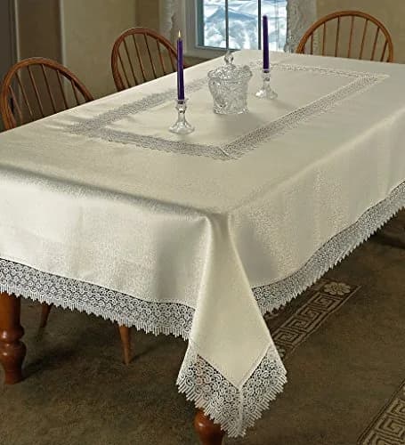 Violet Linen Treasure Lace Tablecloth Ivory 70" x 88" (178cm x 224cm) | Elegant Lace Border for Dining Tables thumbnail 1