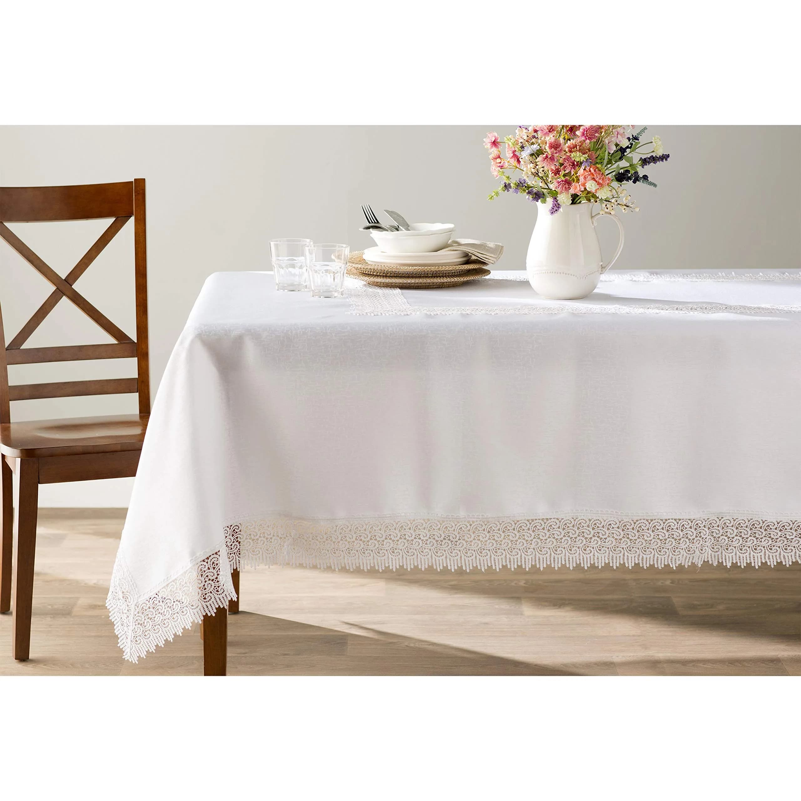Violet Linen Treasure Lace Tablecloth White 183 cm x 178 cm (70" x 88") | Elegant Lace Border for Dining Tables - view 2