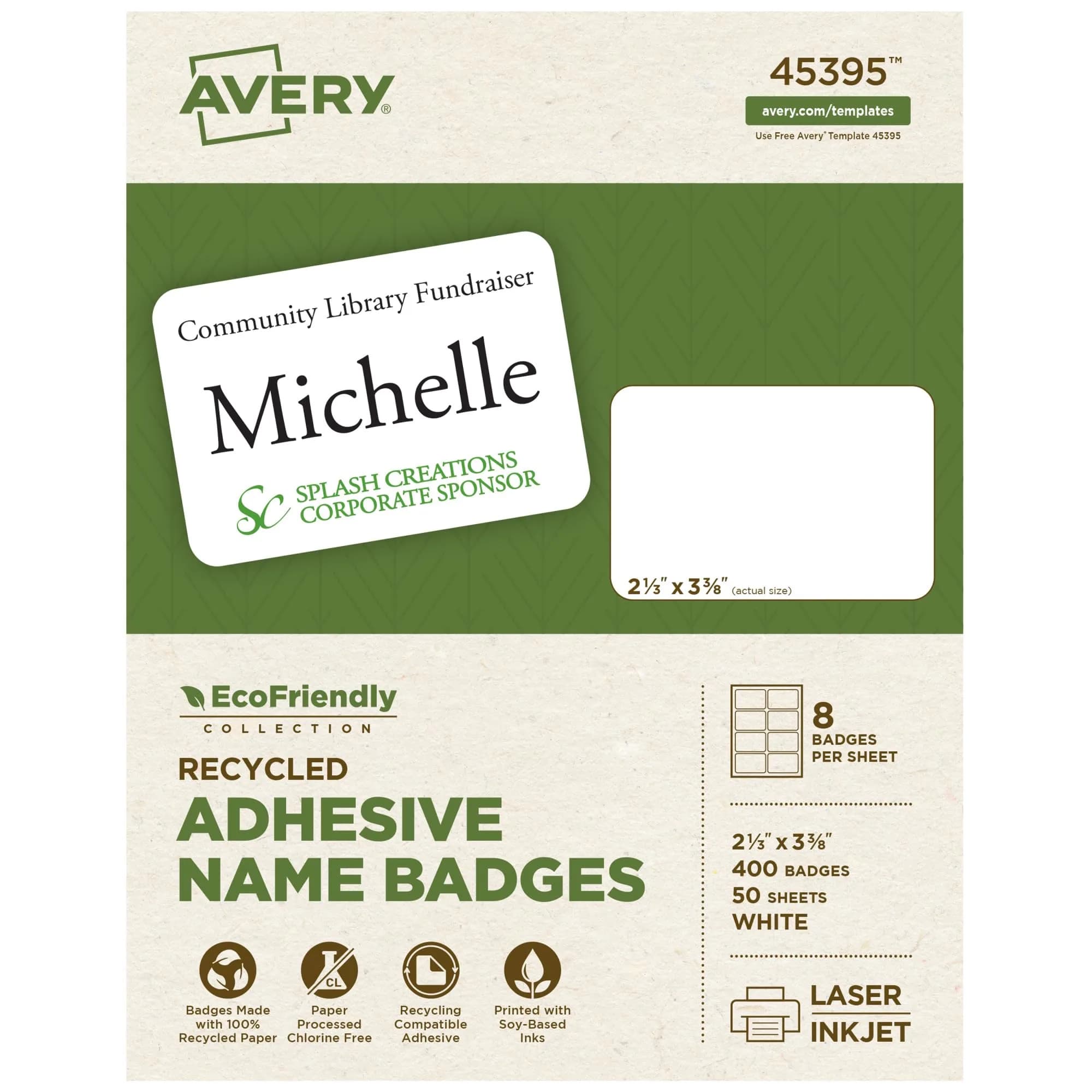 Avery EcoFriendly Recycled Name Tags 2-1/3" x 3-3/8" White Removable Adhesive 400 Printable Name Badges | Made with 100% Post-Consumer Recycled Paper - main product image