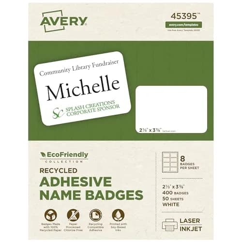 Avery EcoFriendly Recycled Name Tags 2-1/3" x 3-3/8" White Removable Adhesive 400 Printable Name Badges | Made with 100% Post-Consumer Recycled Paper thumbnail 1