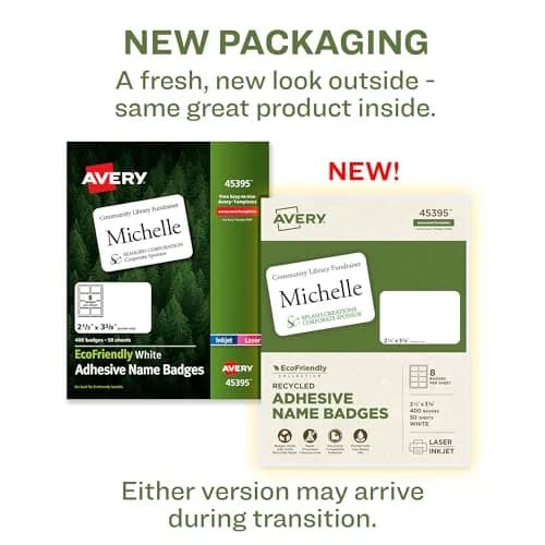 Avery EcoFriendly Recycled Name Tags 2-1/3" x 3-3/8" White Removable Adhesive 400 Printable Name Badges | Made with 100% Post-Consumer Recycled Paper thumbnail 2