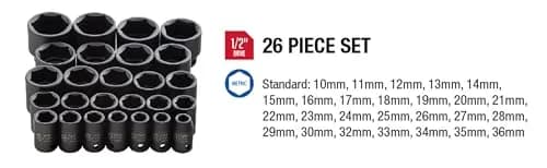 Sunex 2645 1/2 Inch Drive Impact Socket Set 26-Piece, Metric, 10mm-36mm | Heavy Duty Alloy Steel for Automotive thumbnail 7