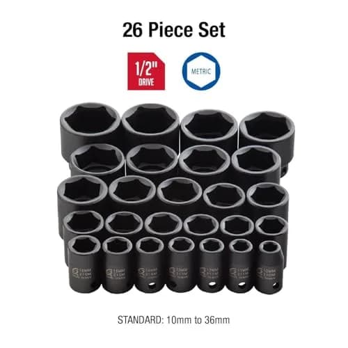 Sunex 2645 1/2 Inch Drive Impact Socket Set 26-Piece, Metric, 10mm-36mm | Heavy Duty Alloy Steel for Automotive thumbnail 2